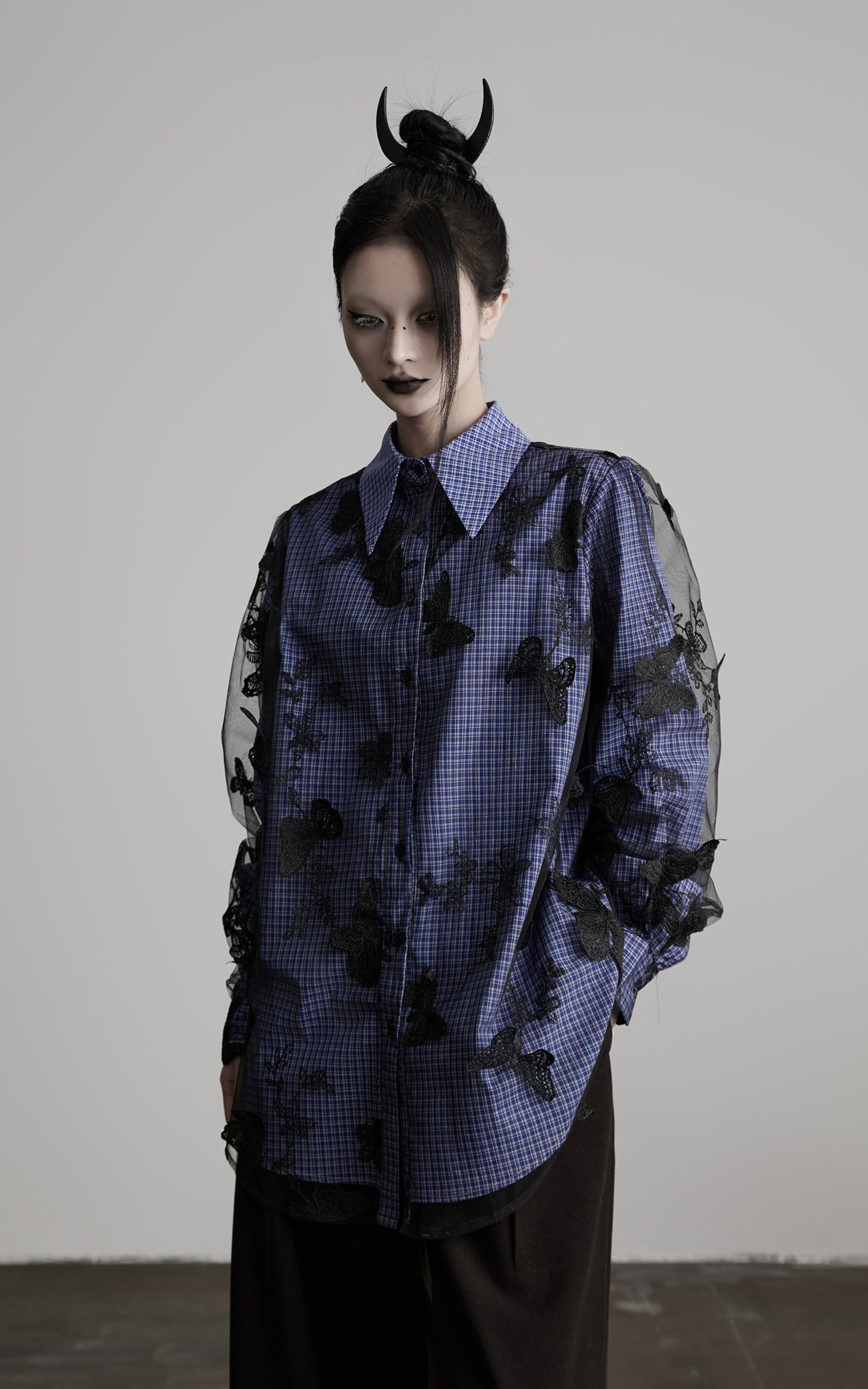 INDULGE Sheer Organza Butterfly Overlay Plaid Shirt