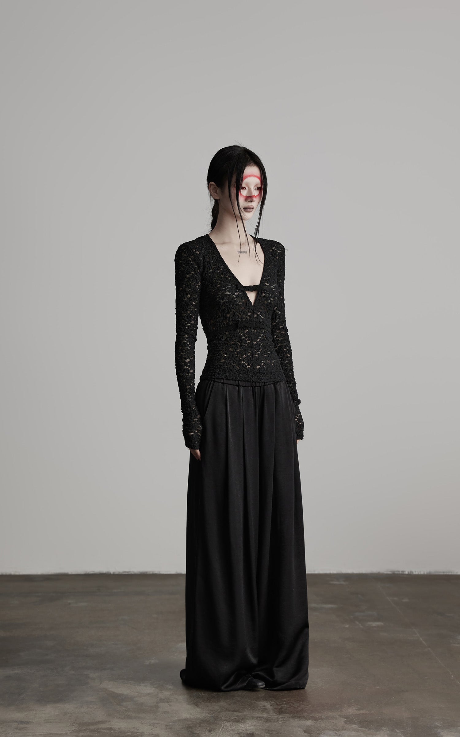 INDULGE Ruched Lace Knit Top with Cutout and Thumbhole Sleeves