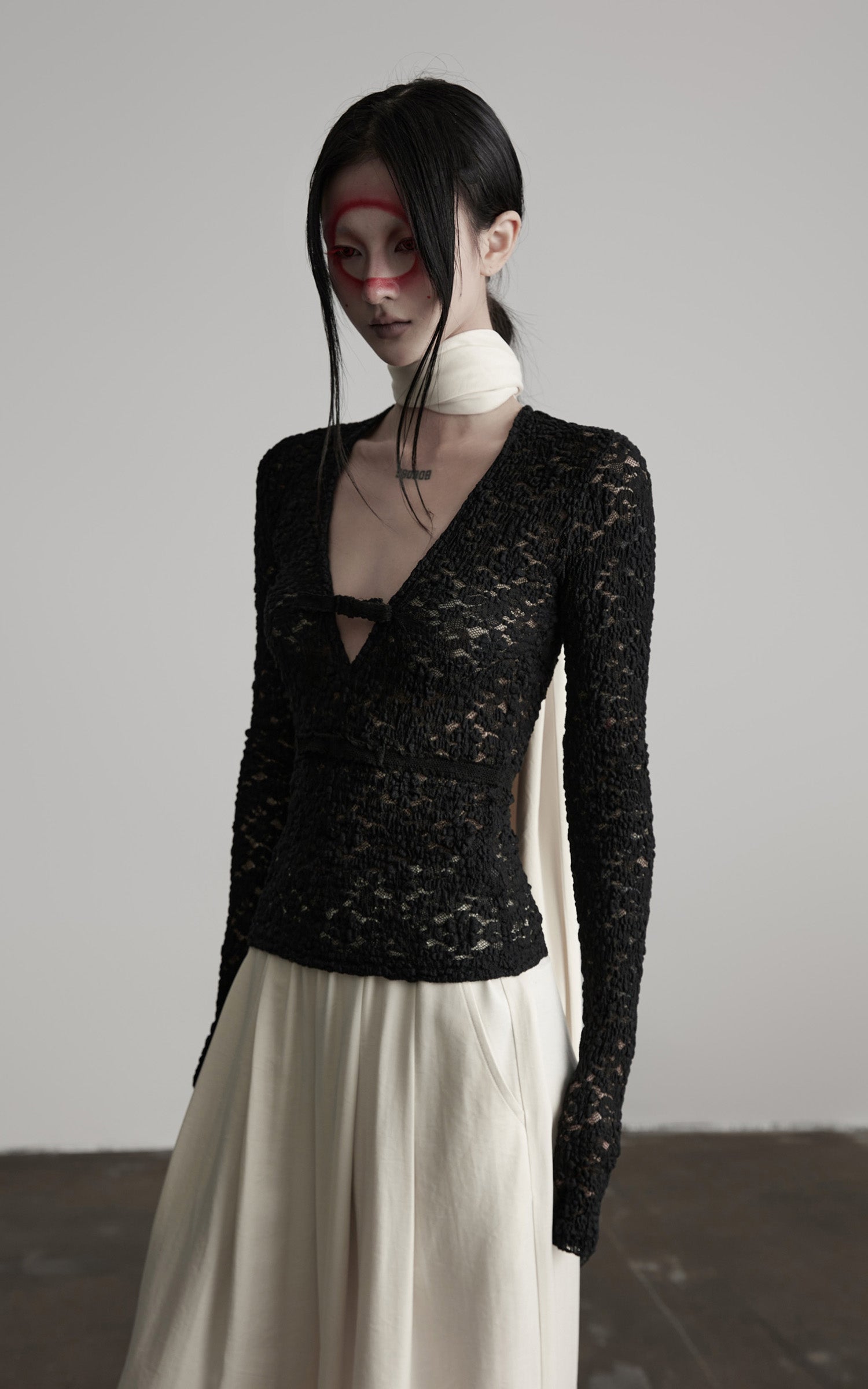 INDULGE Ruched Lace Knit Top with Cutout and Thumbhole Sleeves