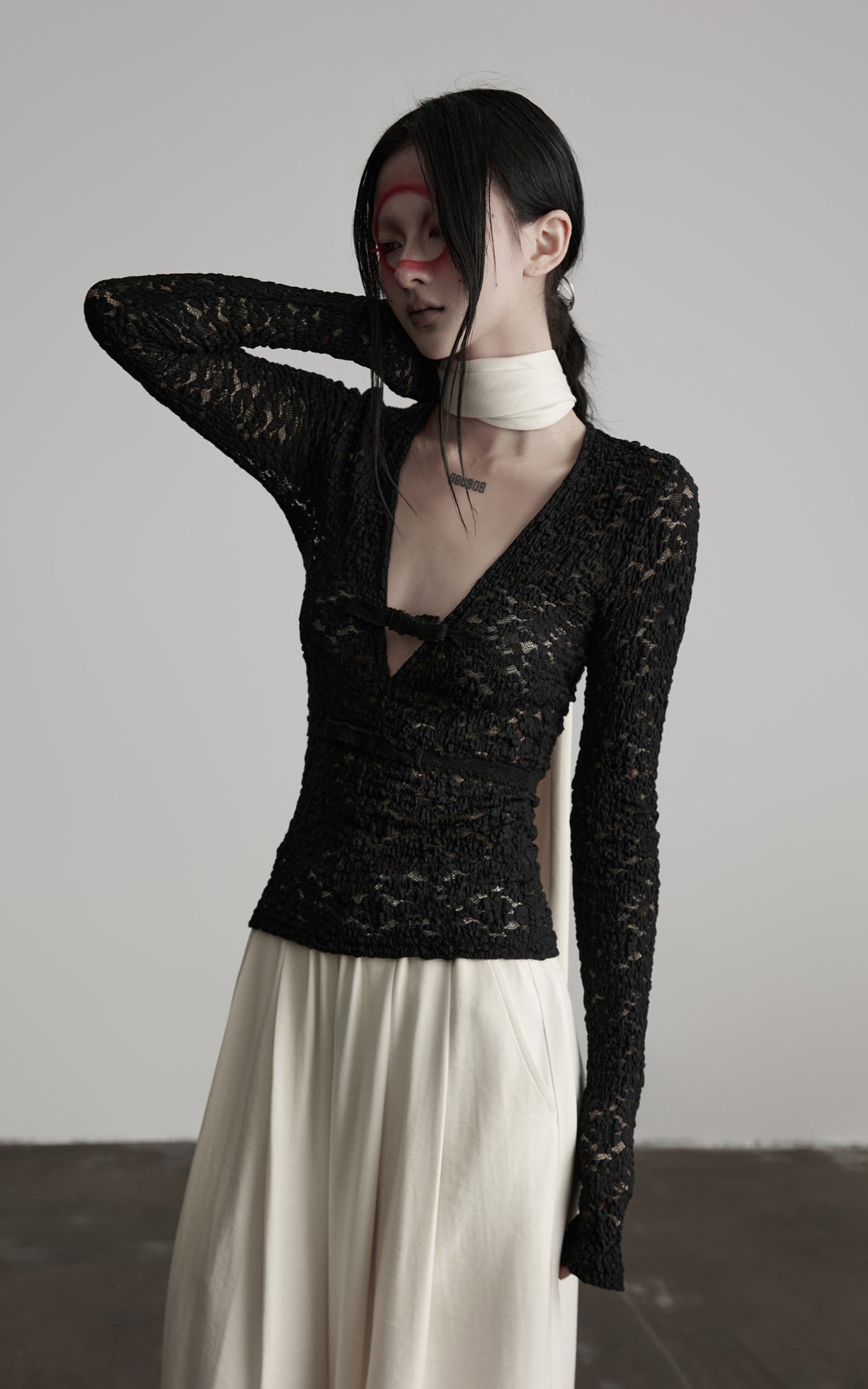 INDULGE Ruched Lace Knit Top with Cutout and Thumbhole Sleeves
