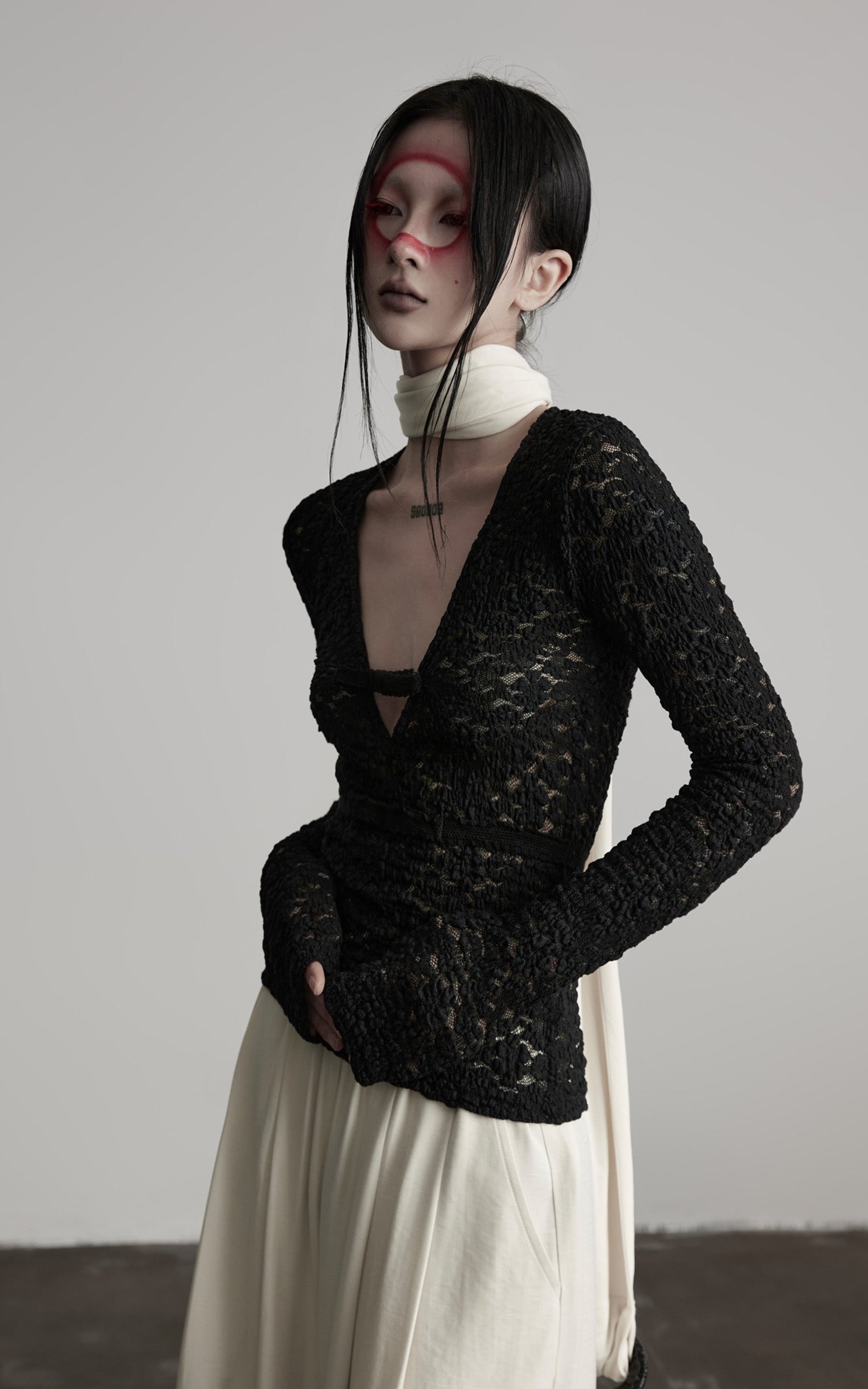 INDULGE Ruched Lace Knit Top with Cutout and Thumbhole Sleeves