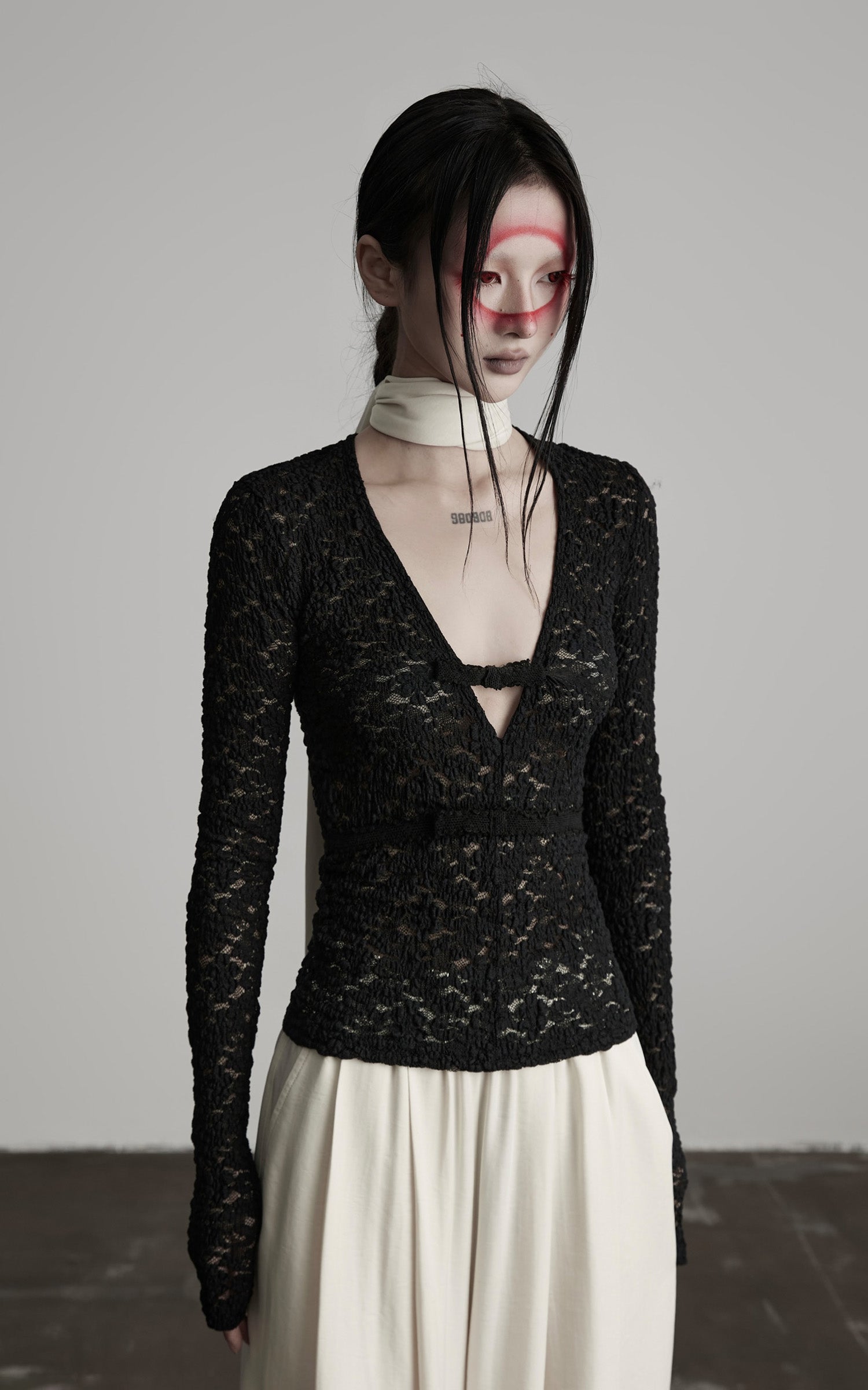 INDULGE Ruched Lace Knit Top with Cutout and Thumbhole Sleeves