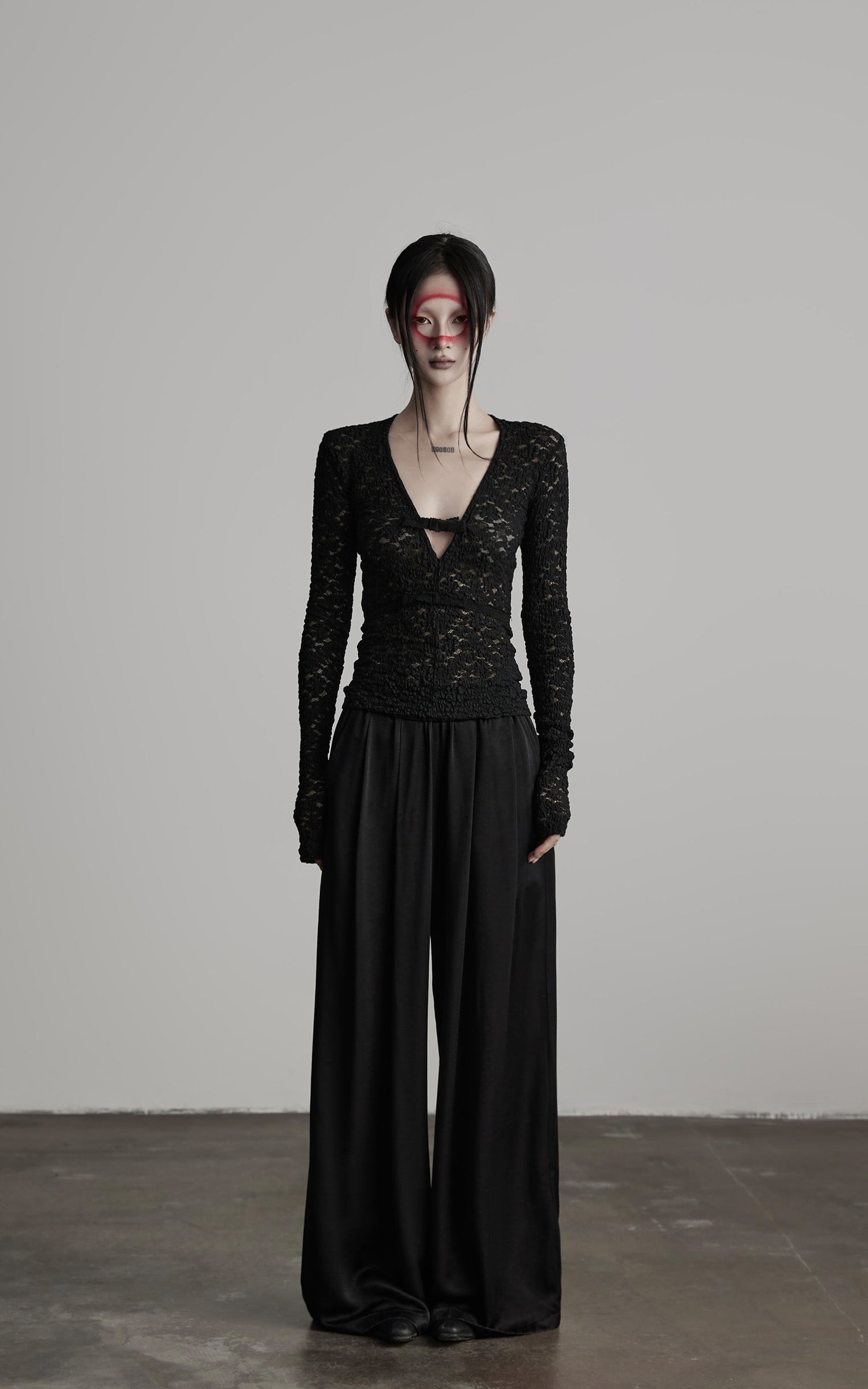 INDULGE Ruched Lace Knit Top with Cutout and Thumbhole Sleeves
