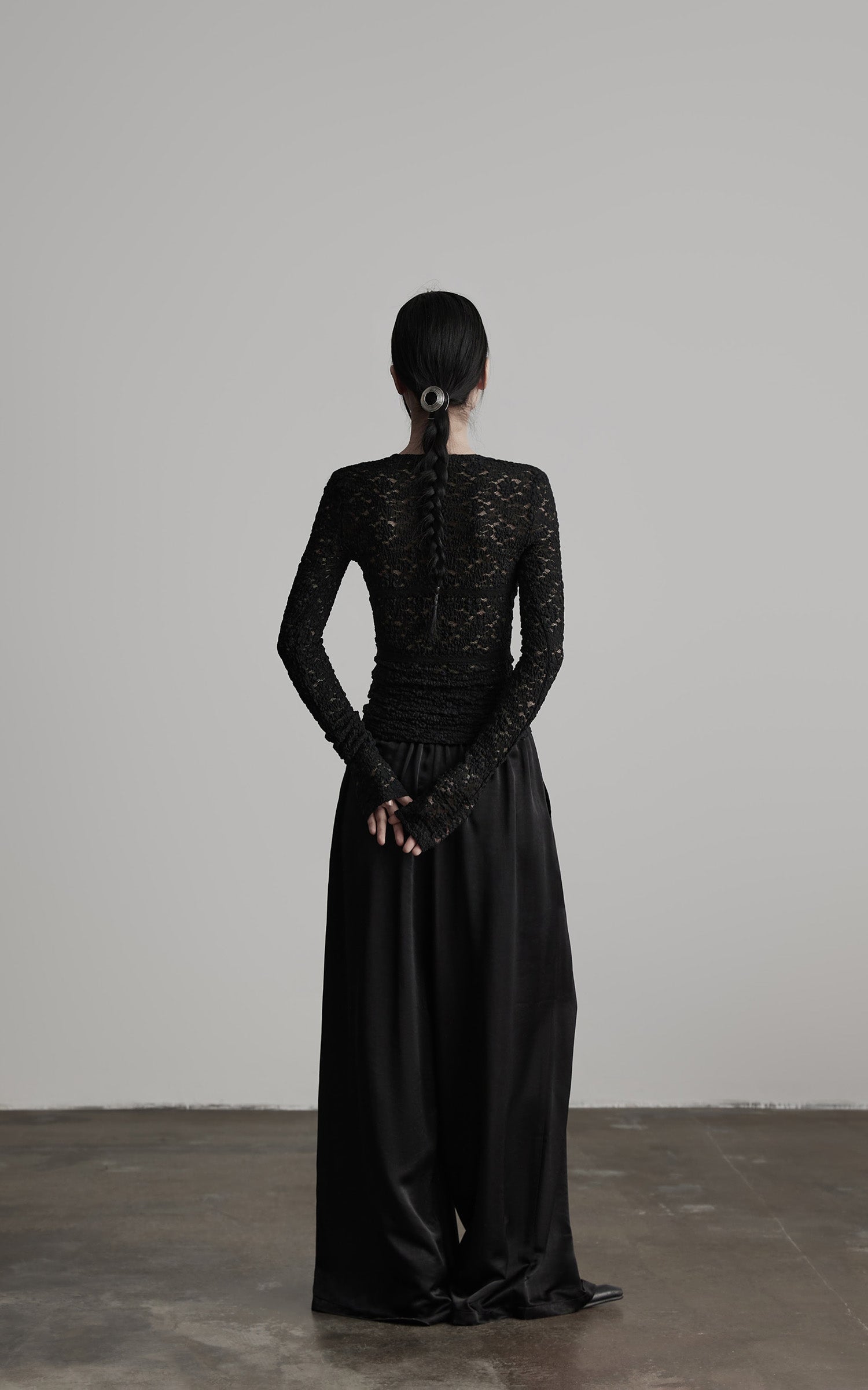 INDULGE Ruched Lace Knit Top with Cutout and Thumbhole Sleeves