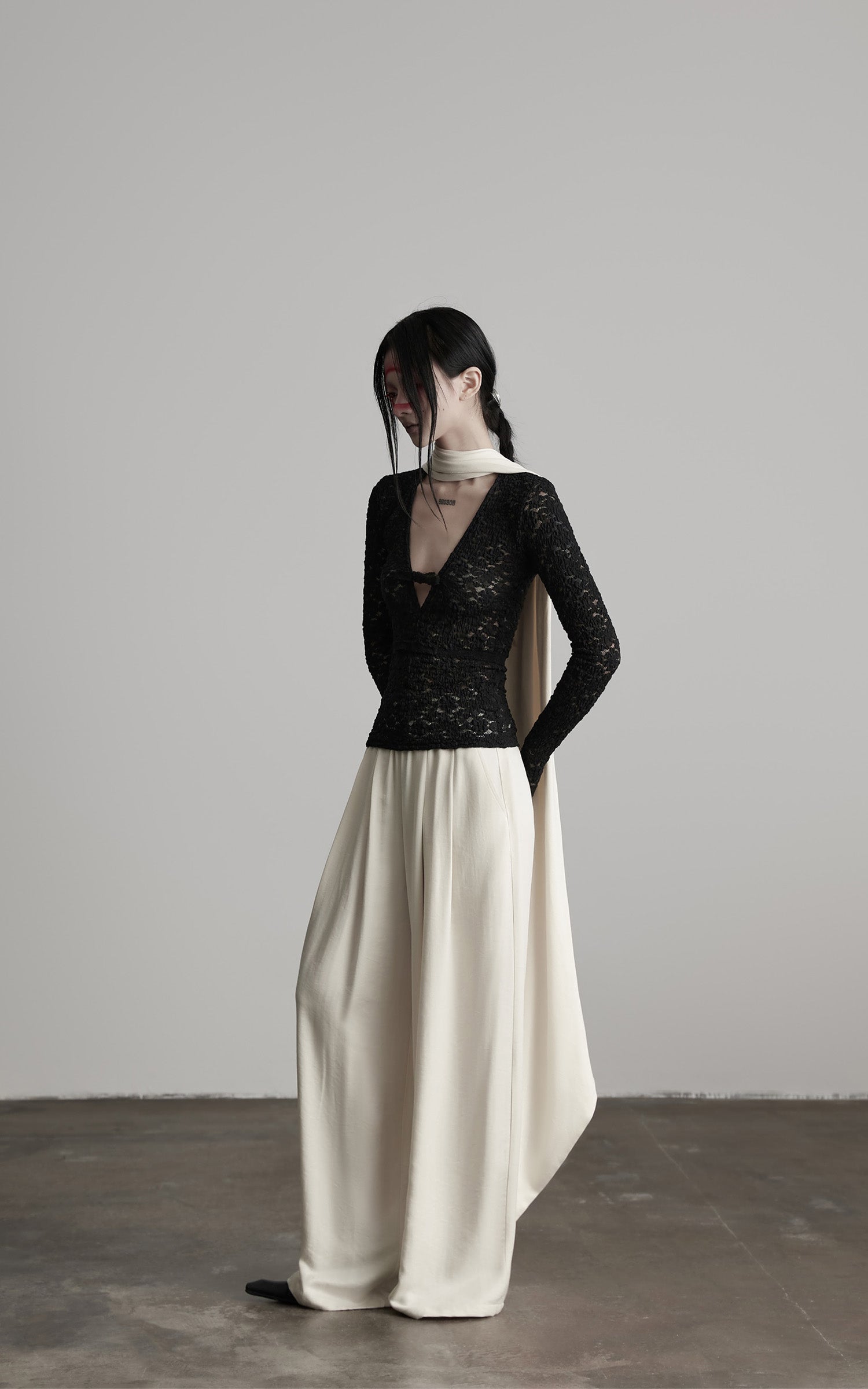 INDULGE Ruched Lace Knit Top with Cutout and Thumbhole Sleeves