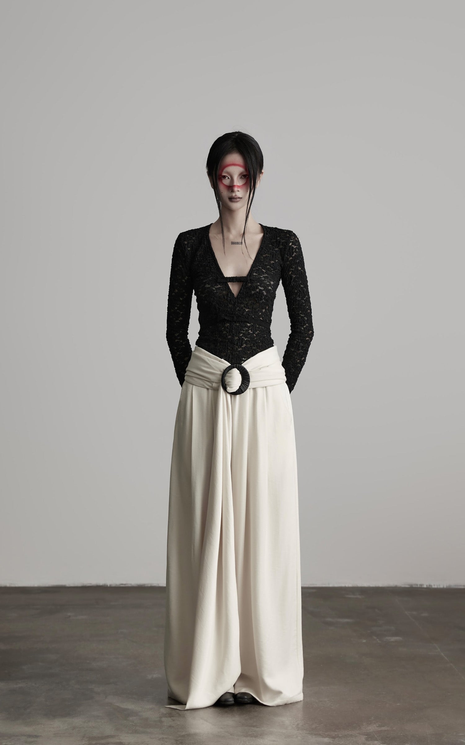 INDULGE Ruched Lace Knit Top with Cutout and Thumbhole Sleeves