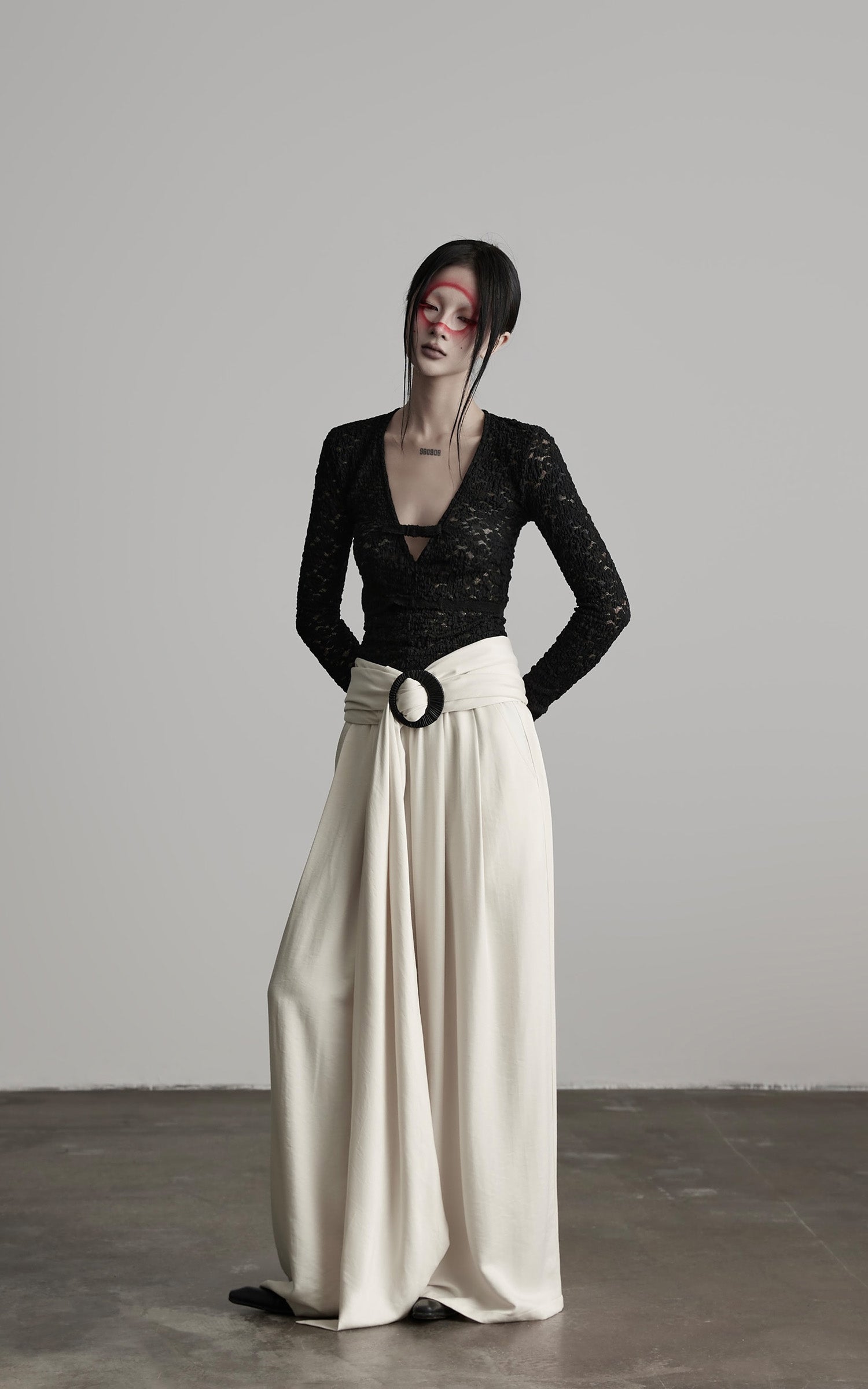 INDULGE Ruched Lace Knit Top with Cutout and Thumbhole Sleeves