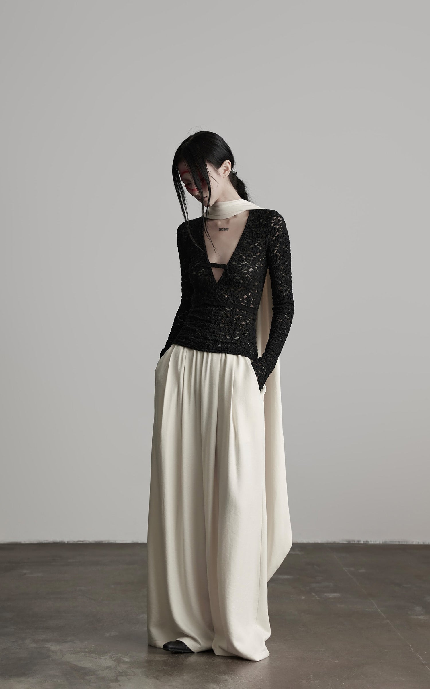INDULGE Ruched Lace Knit Top with Cutout and Thumbhole Sleeves