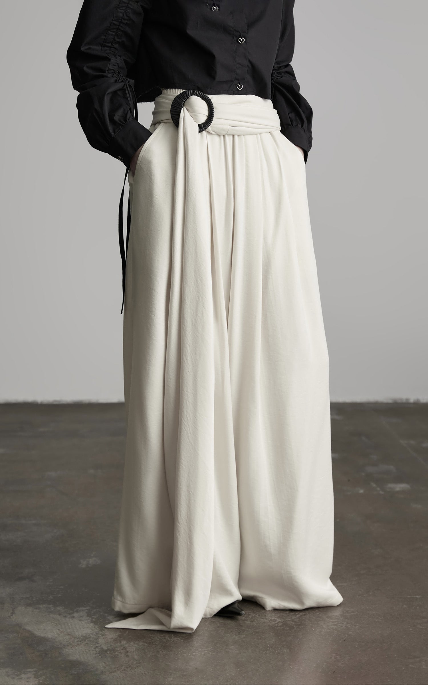INDULGE Wide Leg Trousers with Draped Obi Belt