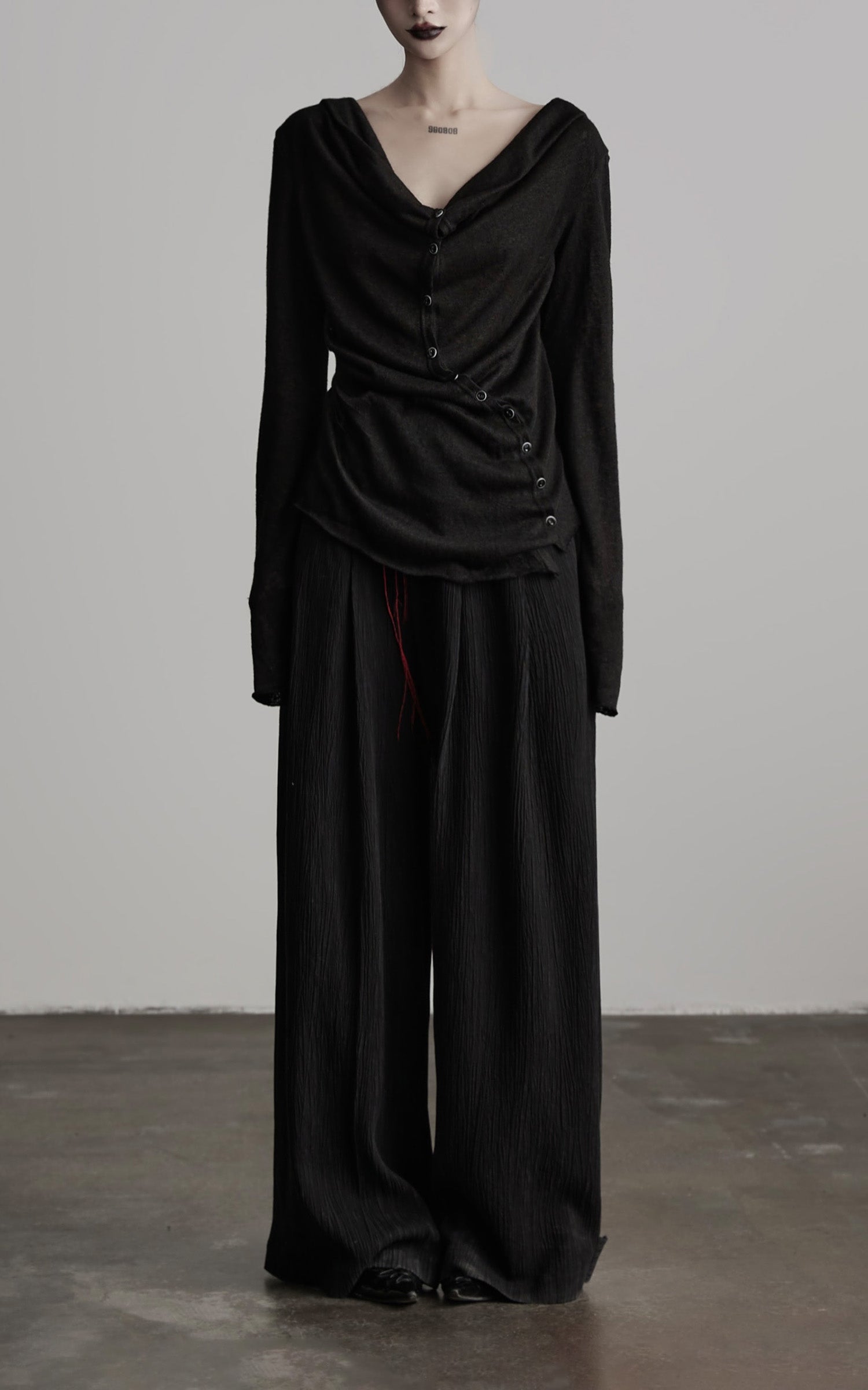 INDULGE Asymmetric Drape Long Sleeve Top with Deconstructed Button Design