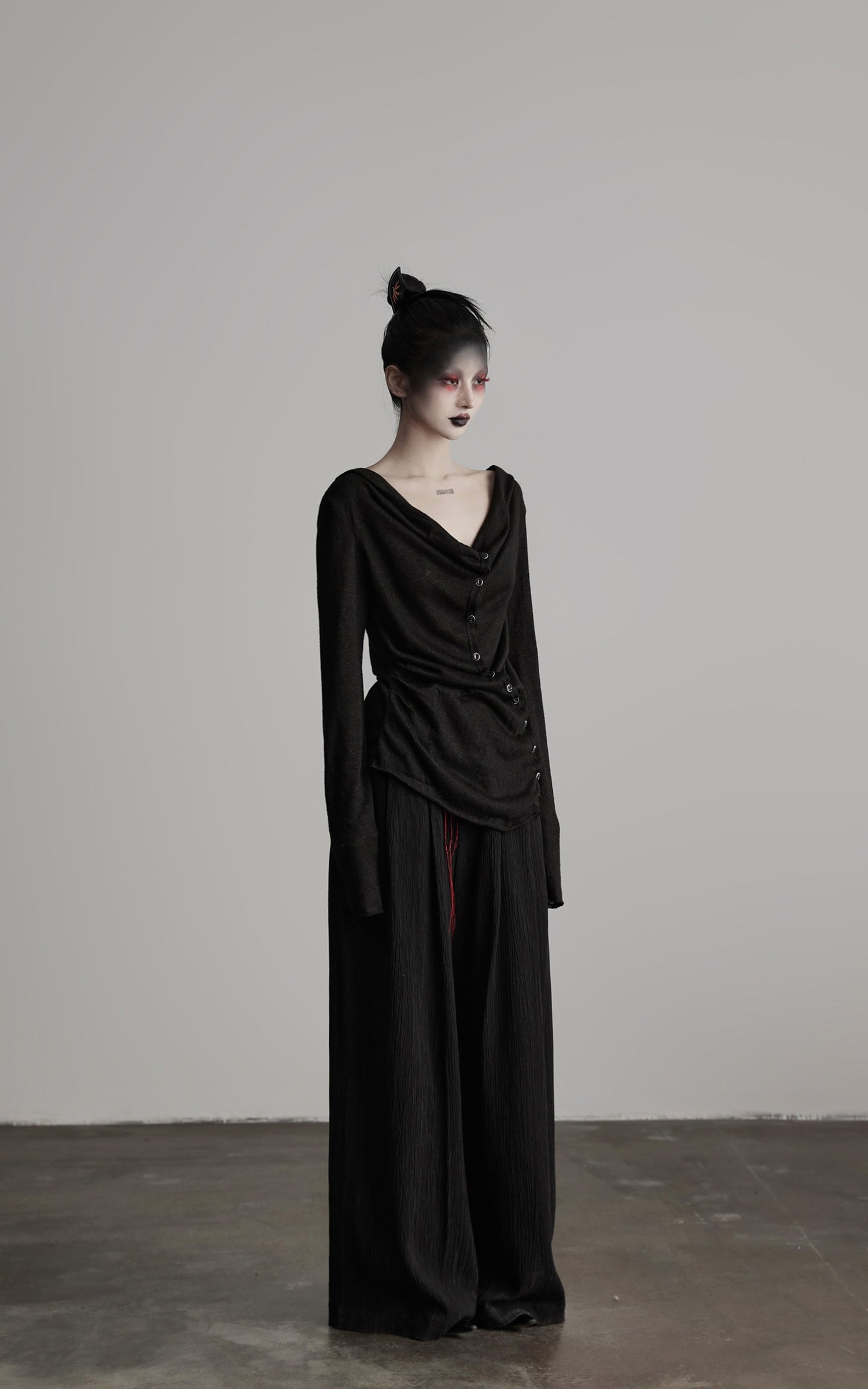 INDULGE Asymmetric Drape Long Sleeve Top with Deconstructed Button Design