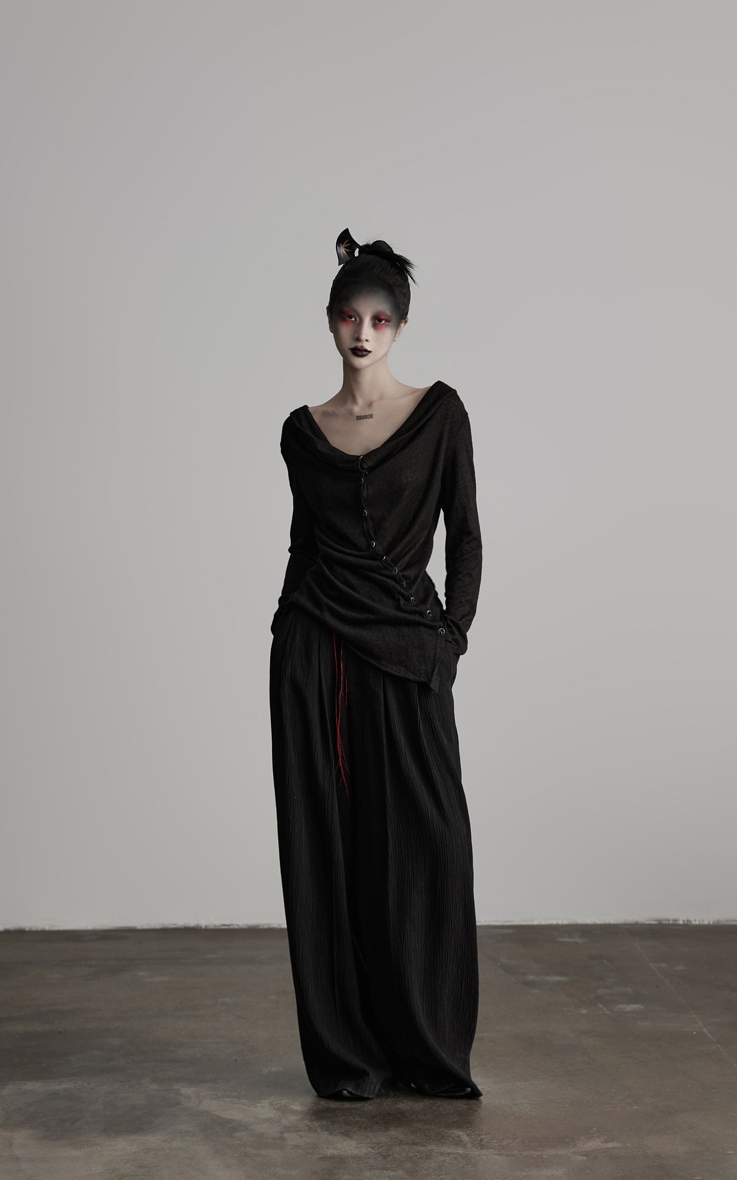 INDULGE Asymmetric Drape Long Sleeve Top with Deconstructed Button Design
