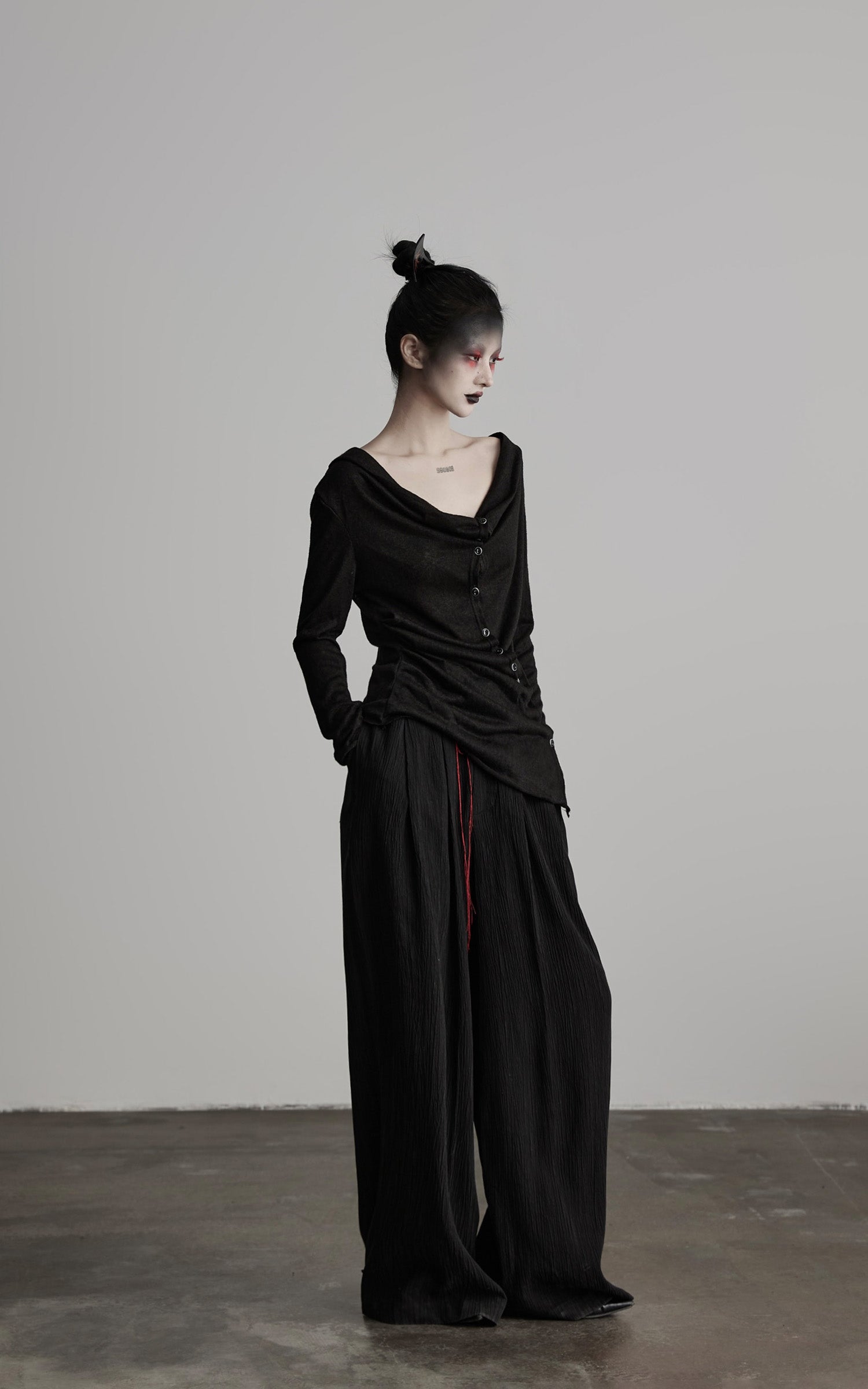 INDULGE Asymmetric Drape Long Sleeve Top with Deconstructed Button Design