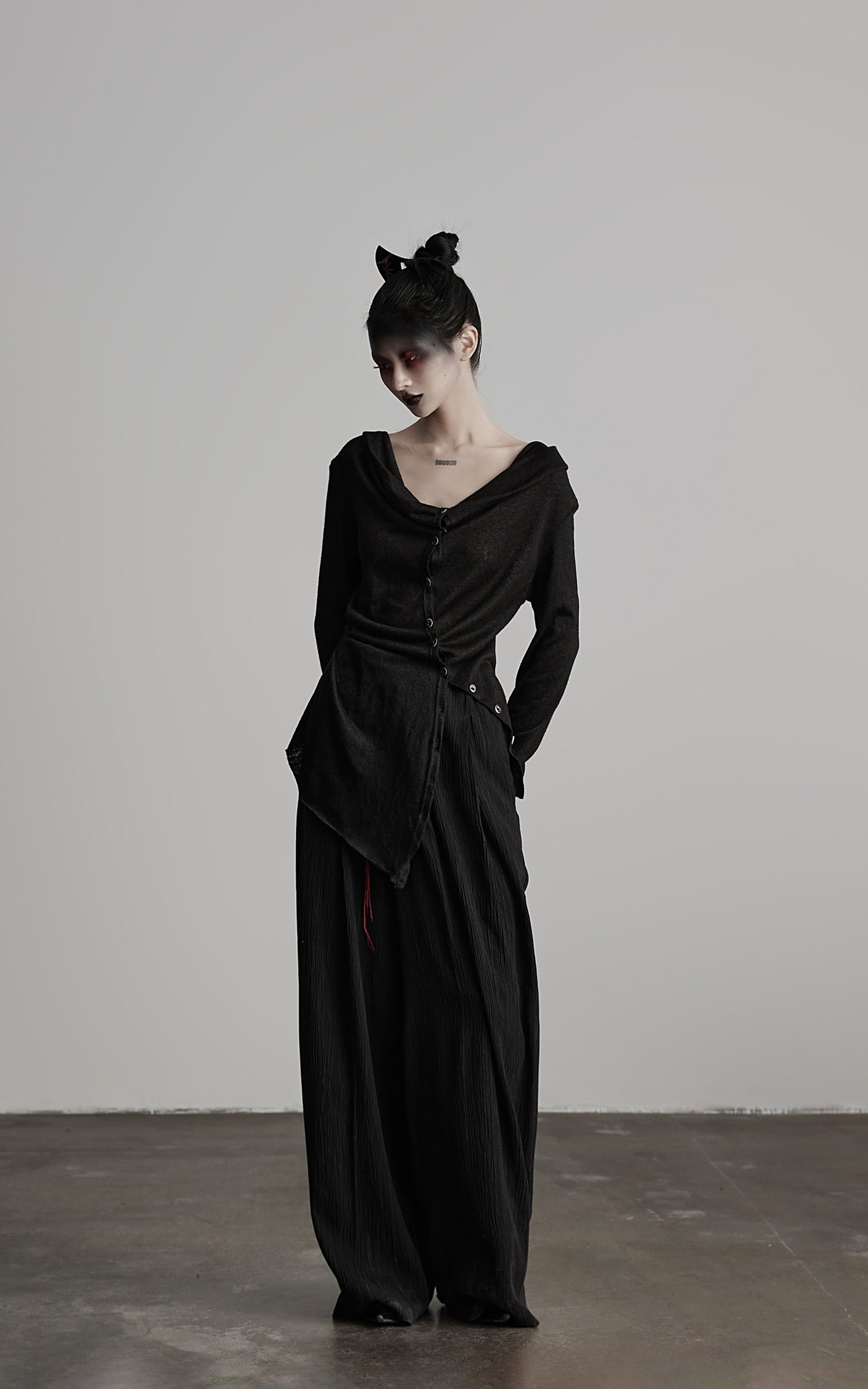 INDULGE Asymmetric Drape Long Sleeve Top with Deconstructed Button Design