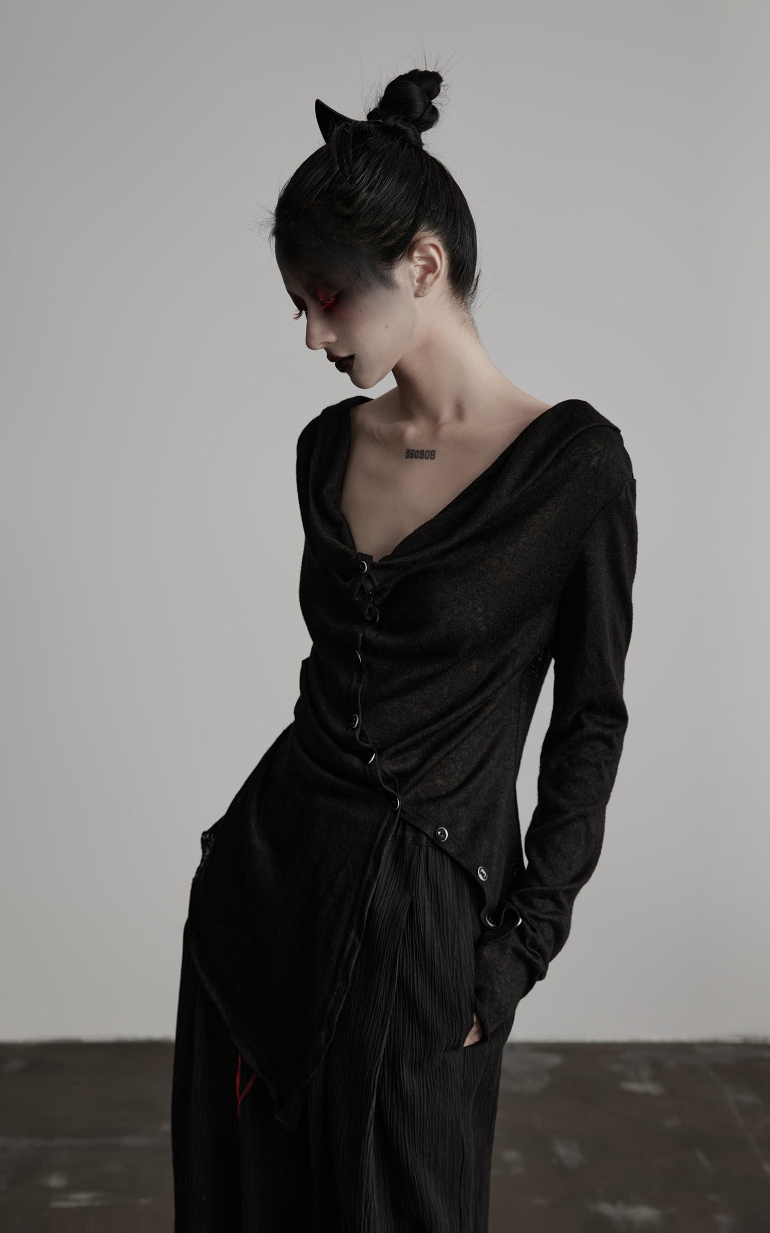 INDULGE Asymmetric Drape Long Sleeve Top with Deconstructed Button Design