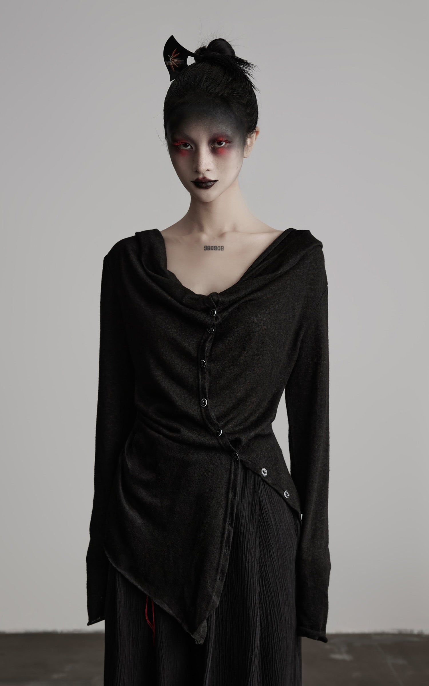 INDULGE Asymmetric Drape Long Sleeve Top with Deconstructed Button Design