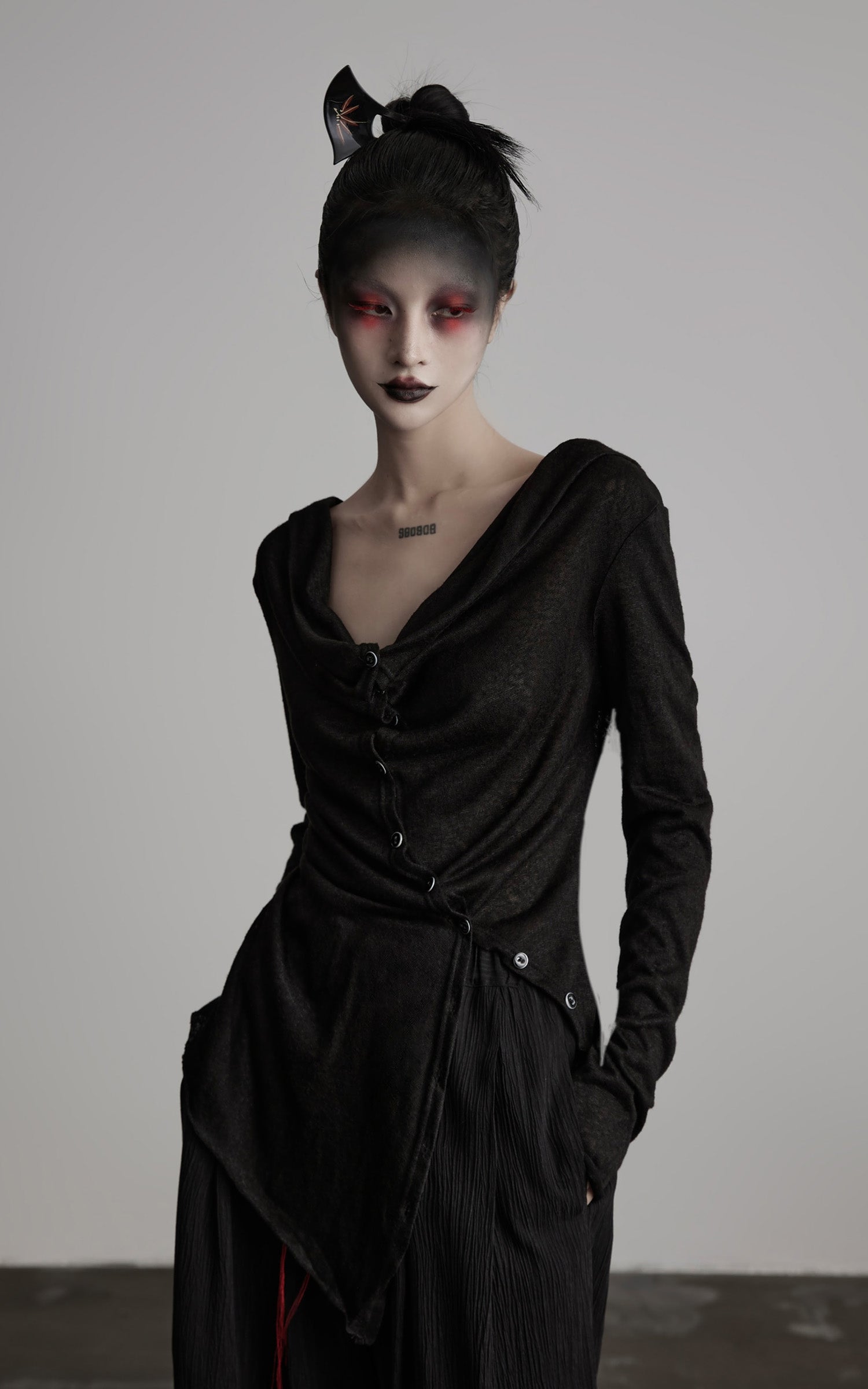 INDULGE Asymmetric Drape Long Sleeve Top with Deconstructed Button Design