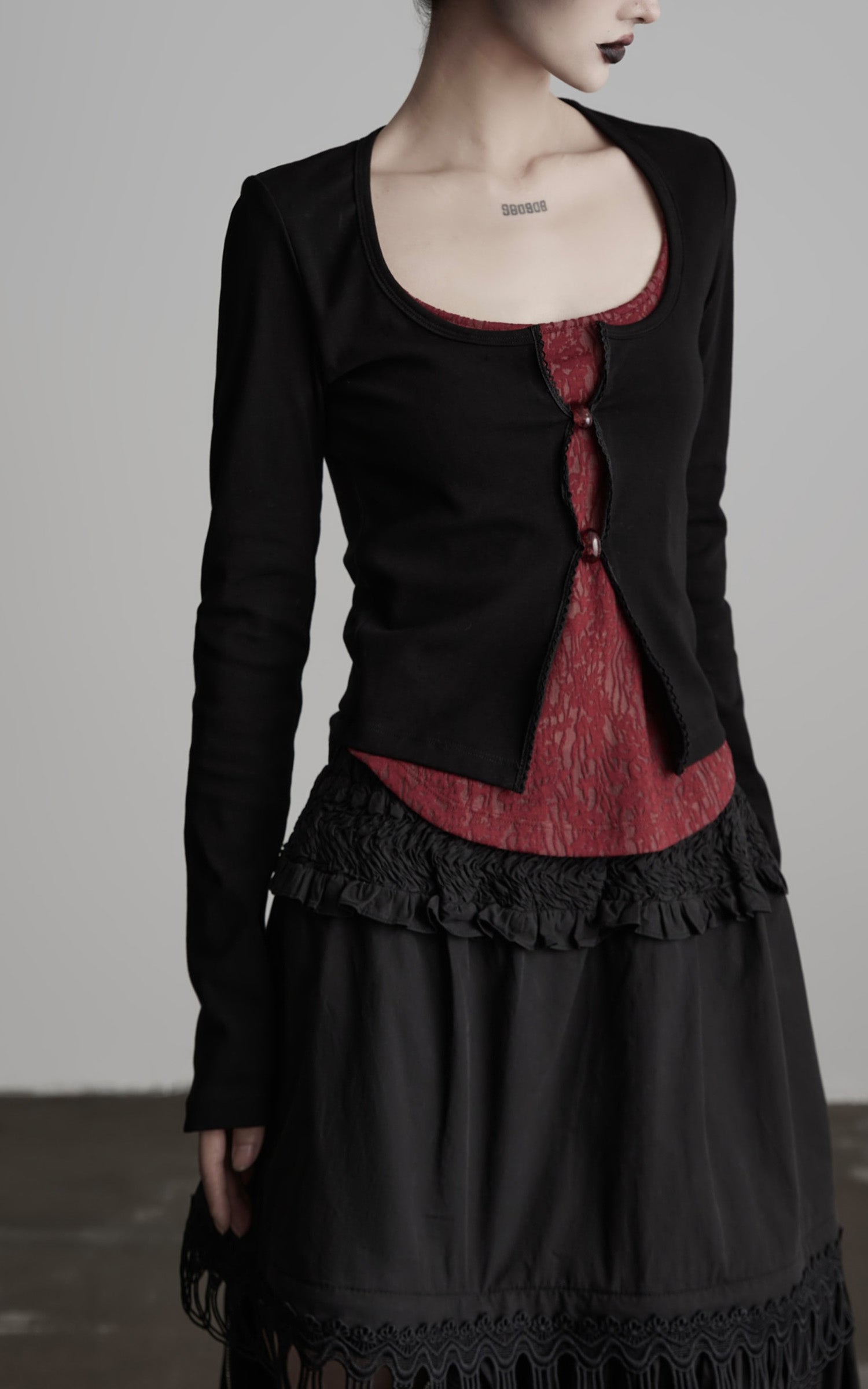 INDULGE Cutout Button Knit Top with Lace Inset