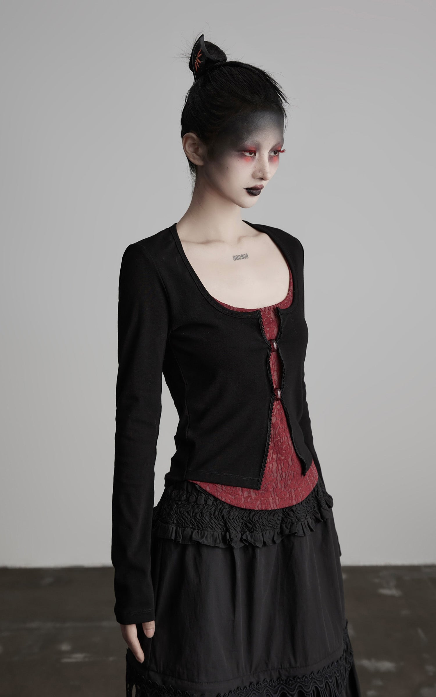 INDULGE Cutout Button Knit Top with Lace Inset