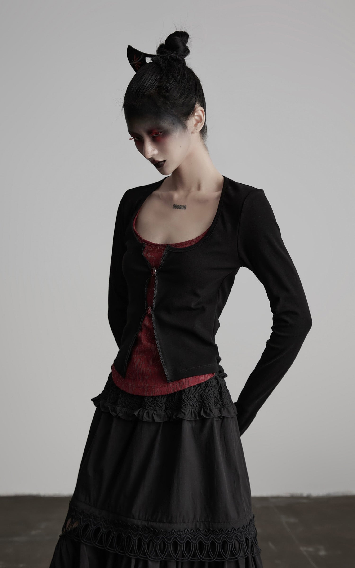 INDULGE Cutout Button Knit Top with Lace Inset