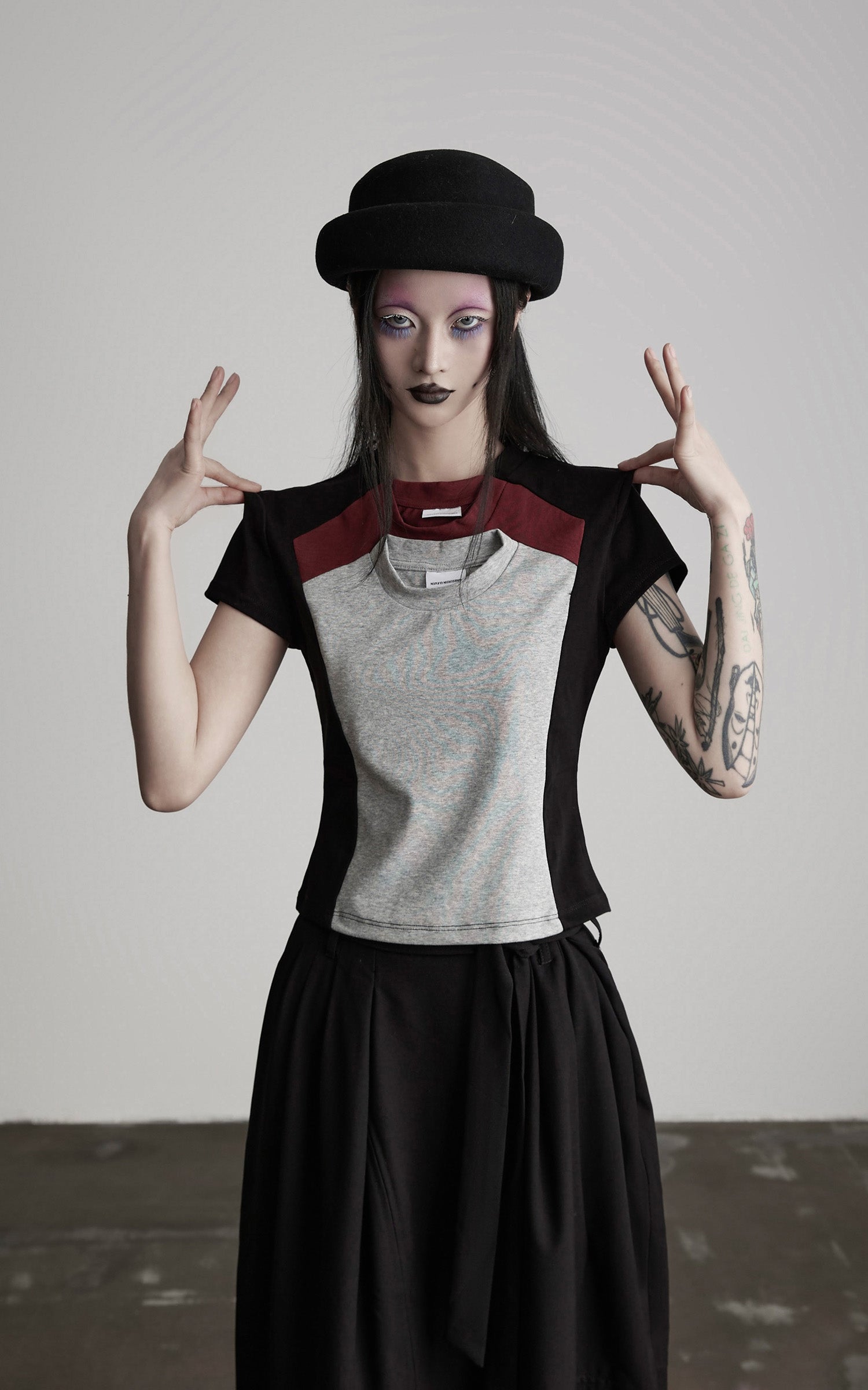 INDULGE Paneled Cutout T-Shirt with Layered Collar