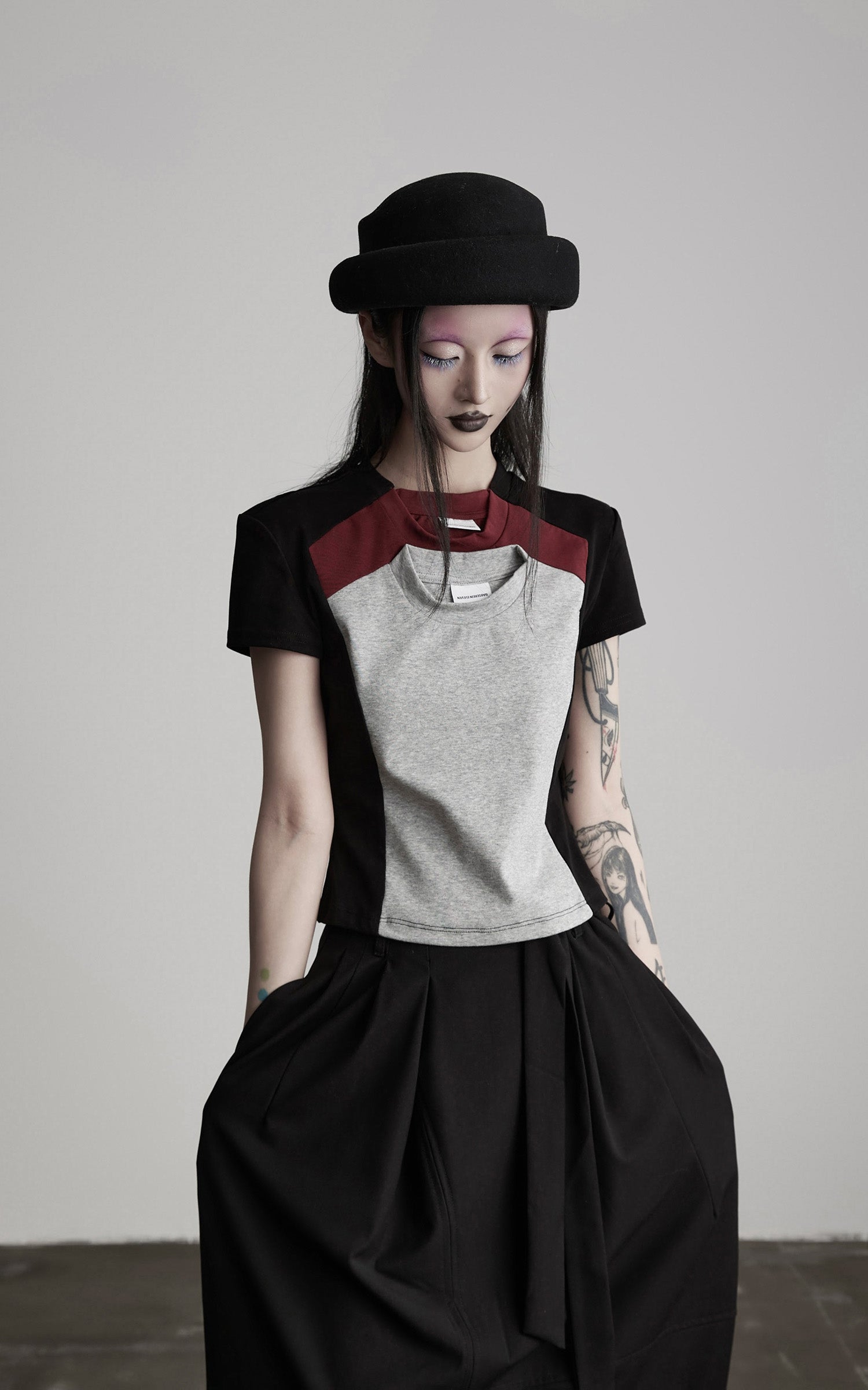 INDULGE Paneled Cutout T-Shirt with Layered Collar