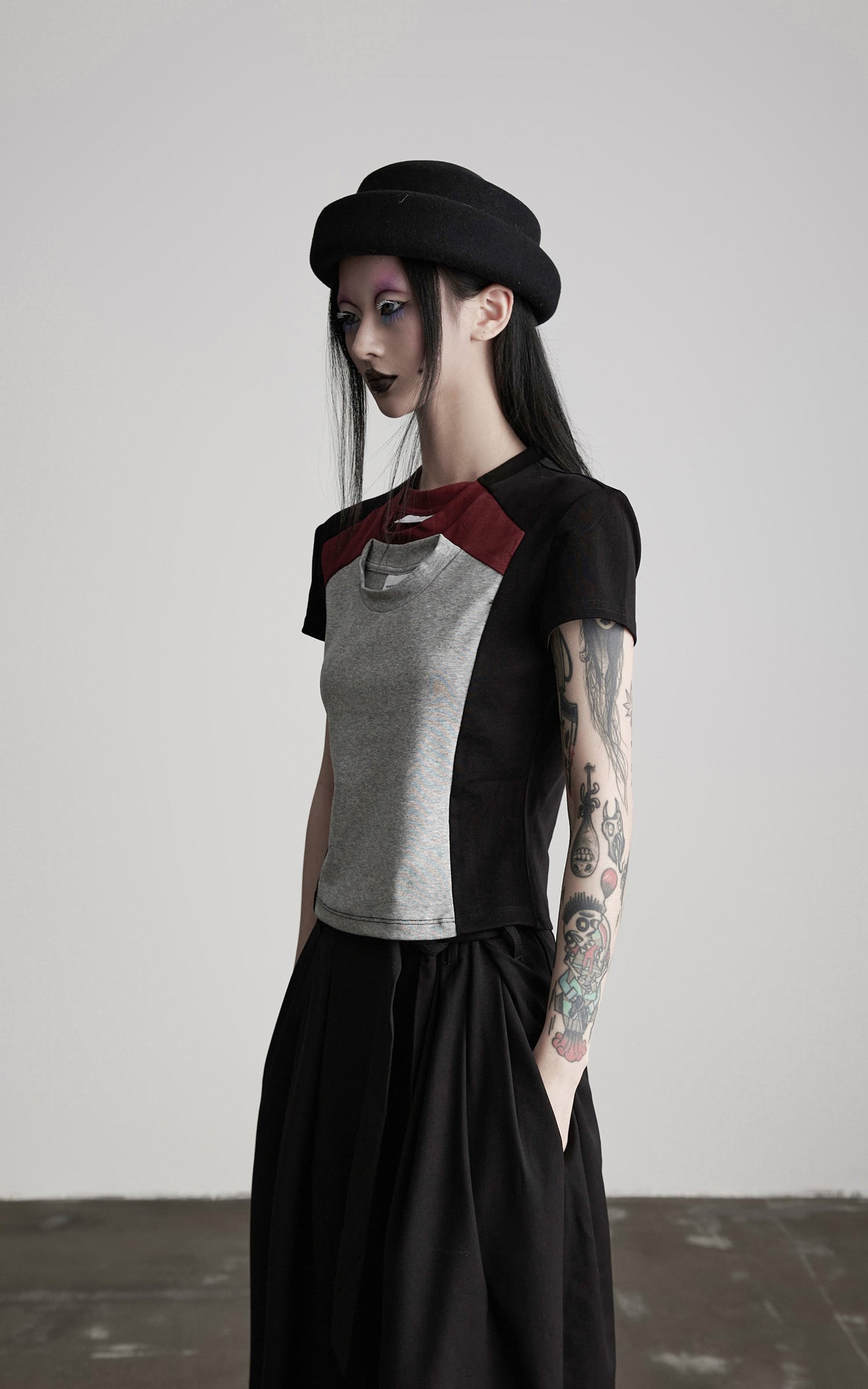 INDULGE Paneled Cutout T-Shirt with Layered Collar
