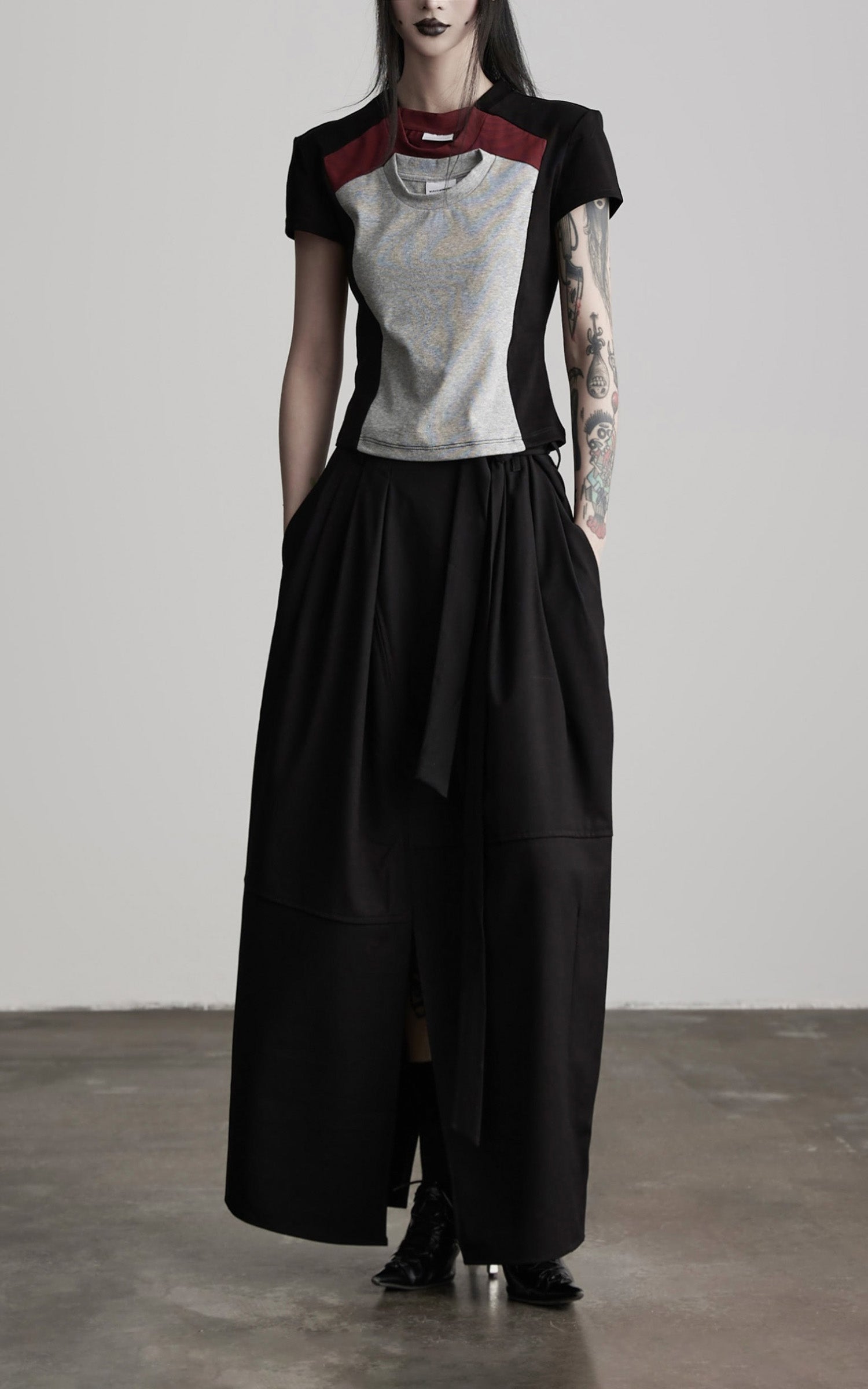 INDULGE Paneled Cutout T-Shirt with Layered Collar