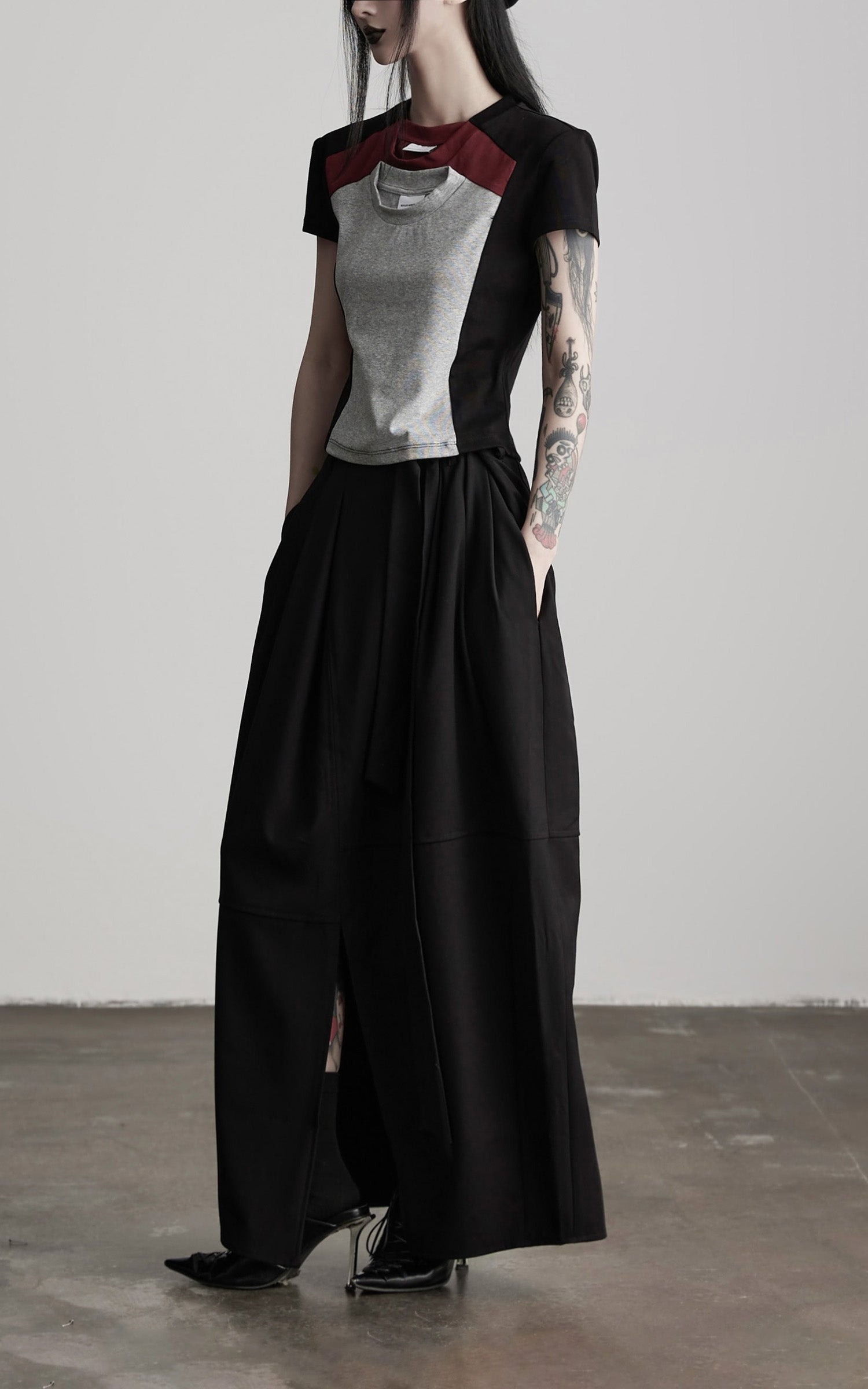 INDULGE Paneled Cutout T-Shirt with Layered Collar
