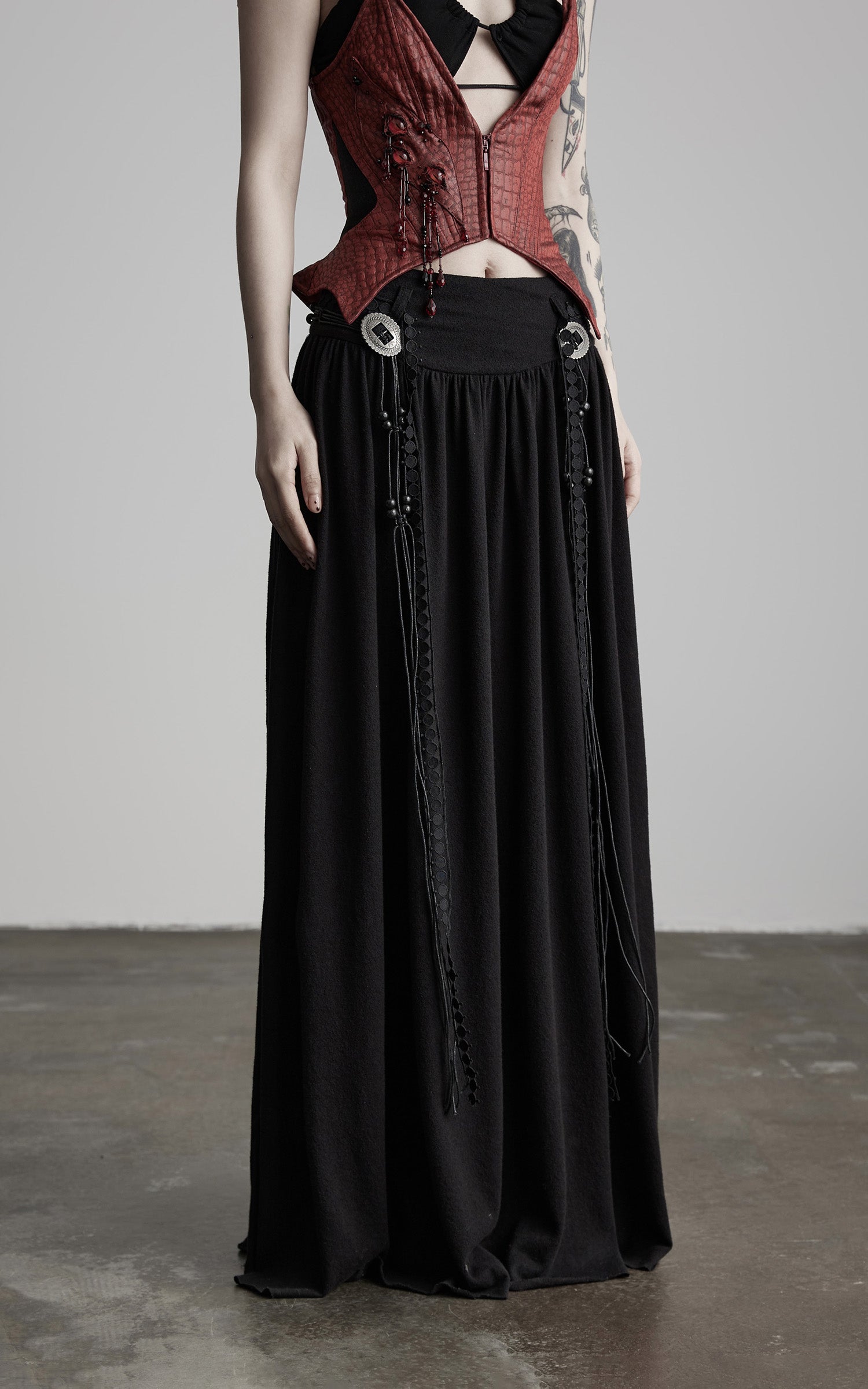 INDULGE Draped Maxi Skirt with Embroidered Tassel Straps