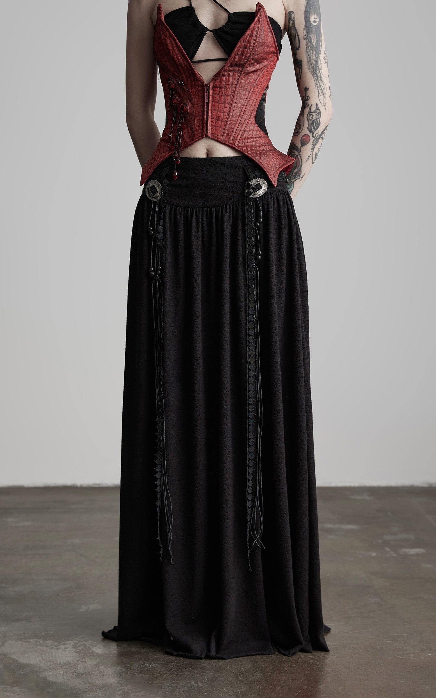 INDULGE Draped Maxi Skirt with Embroidered Tassel Straps