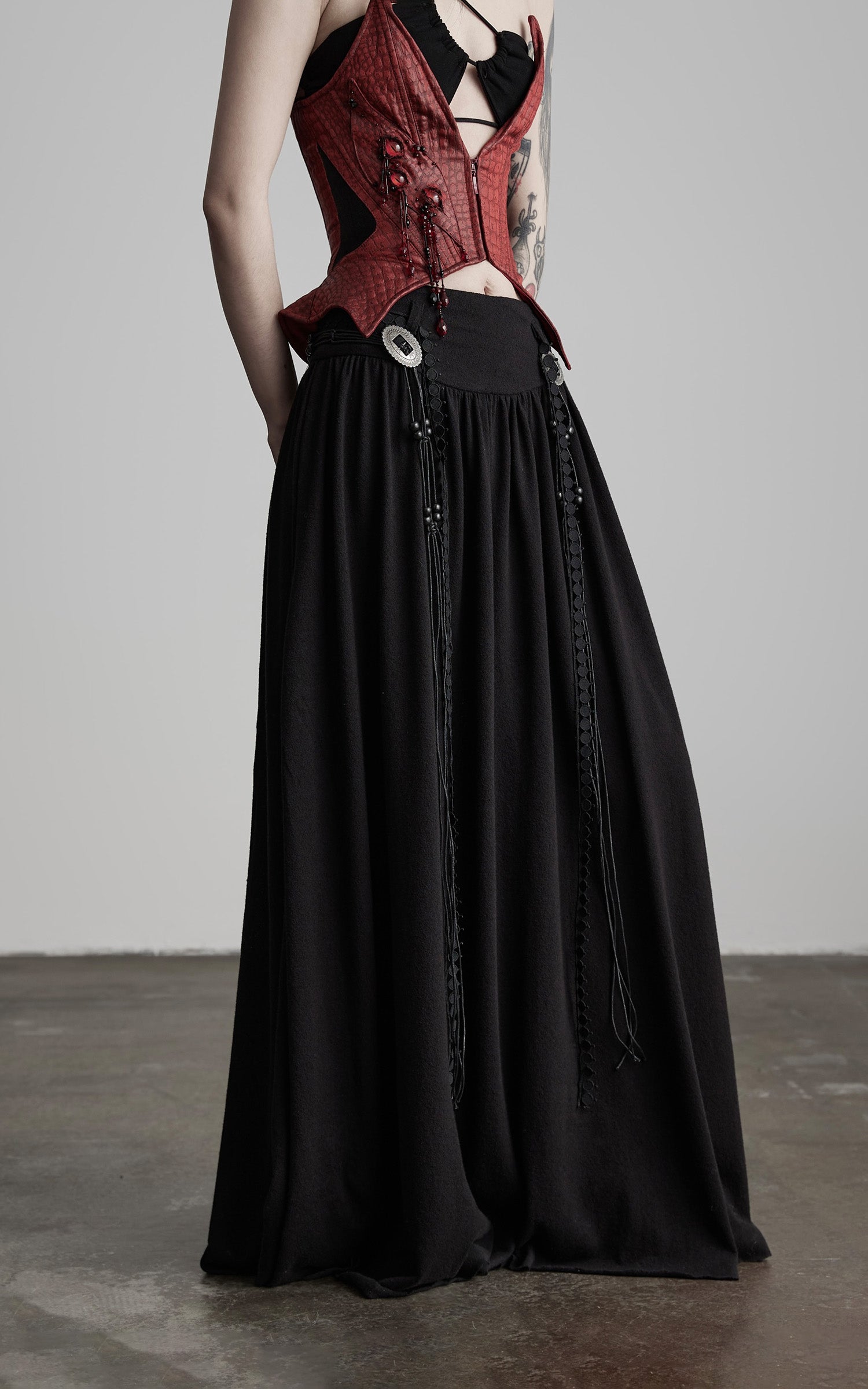 INDULGE Draped Maxi Skirt with Embroidered Tassel Straps