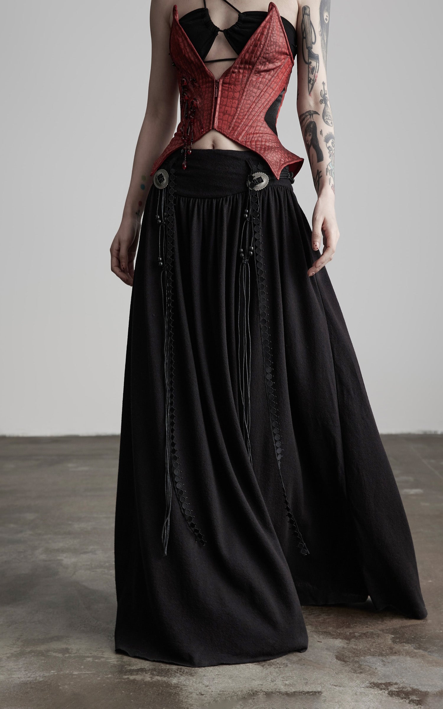 INDULGE Draped Maxi Skirt with Embroidered Tassel Straps