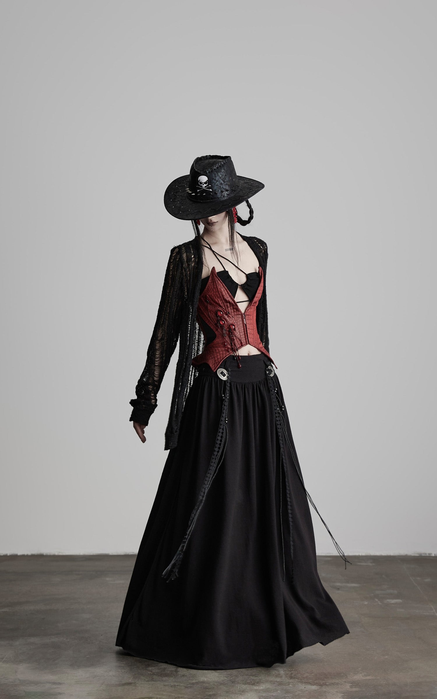INDULGE Draped Maxi Skirt with Embroidered Tassel Straps
