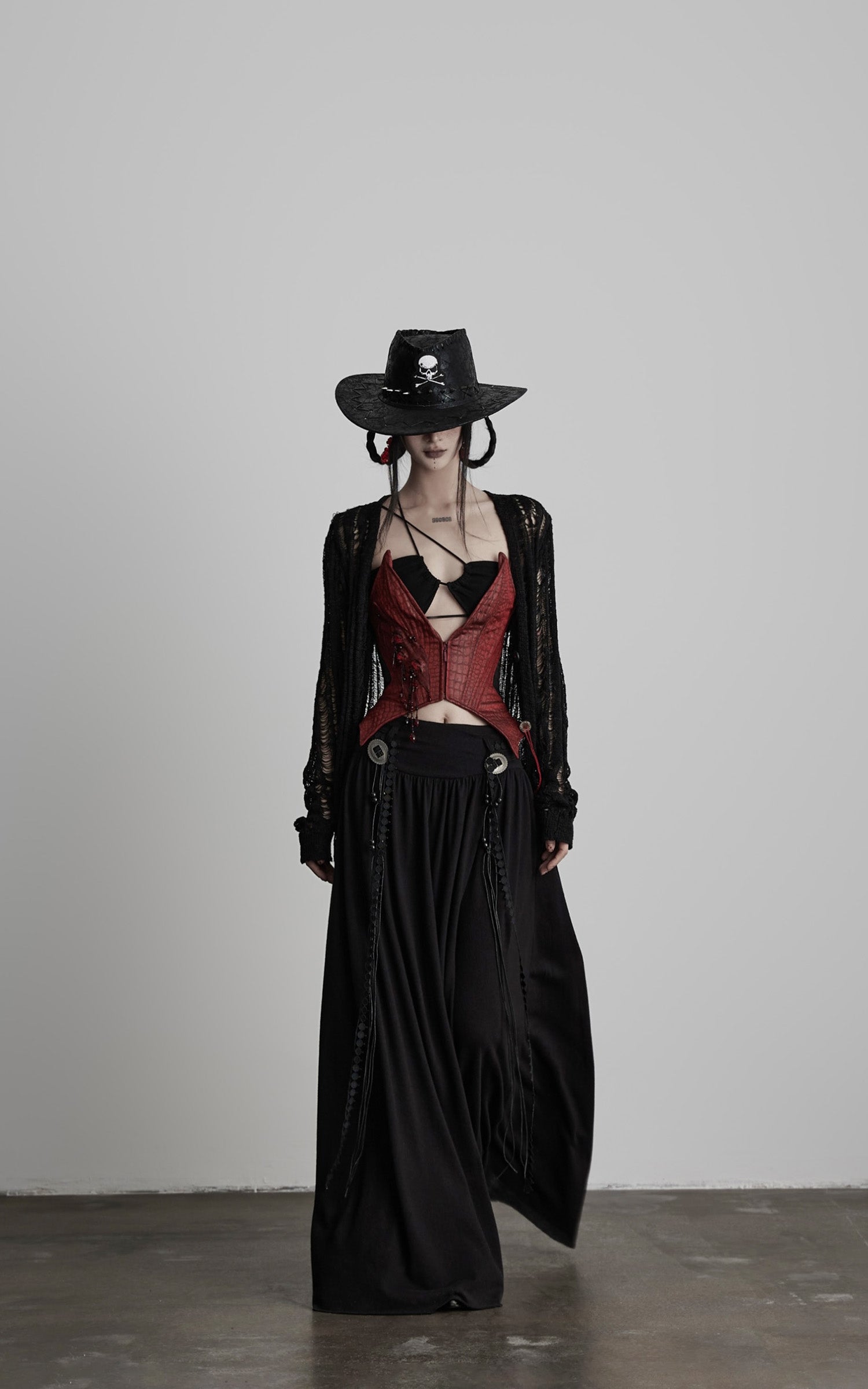 INDULGE Draped Maxi Skirt with Embroidered Tassel Straps