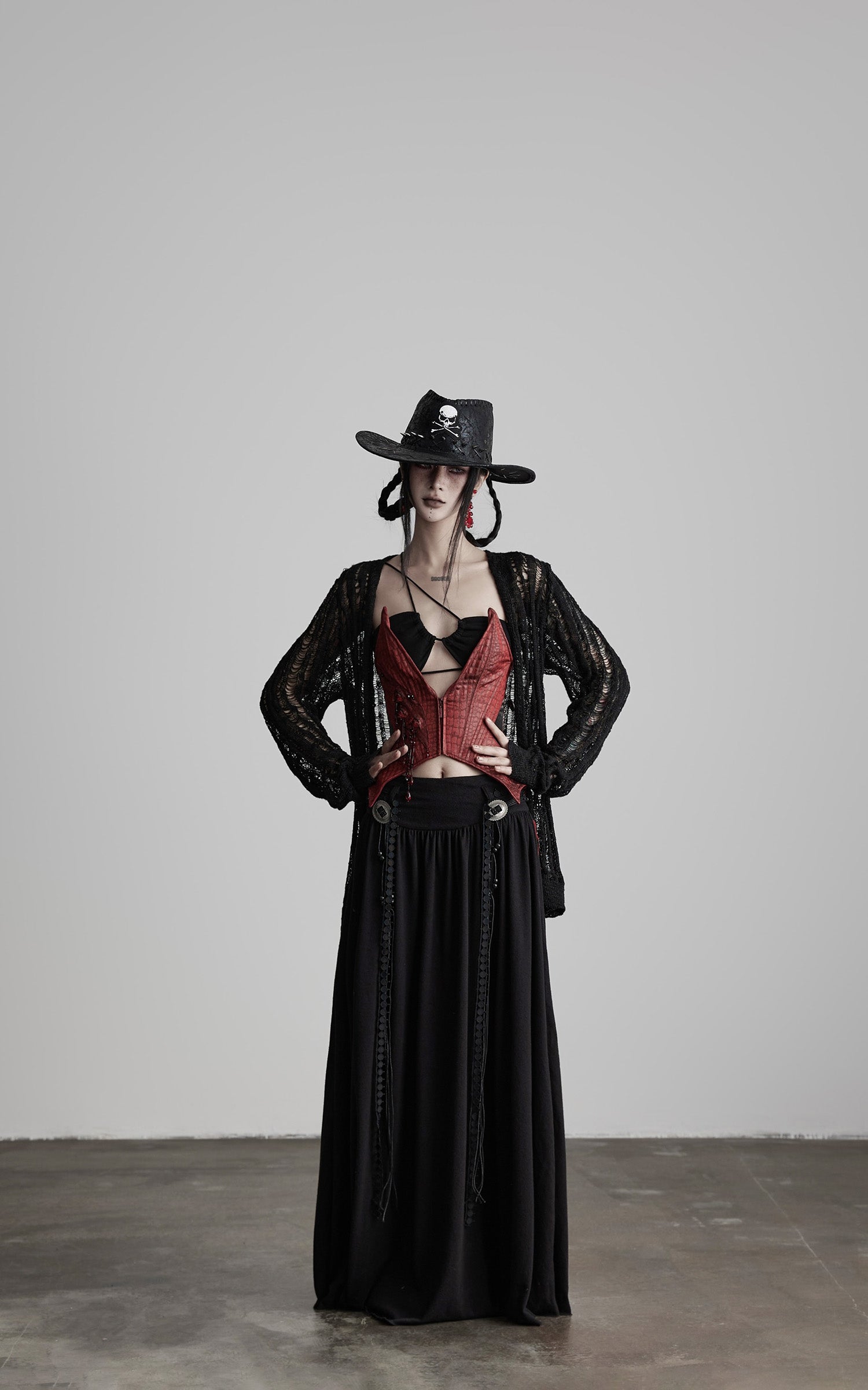 INDULGE Draped Maxi Skirt with Embroidered Tassel Straps