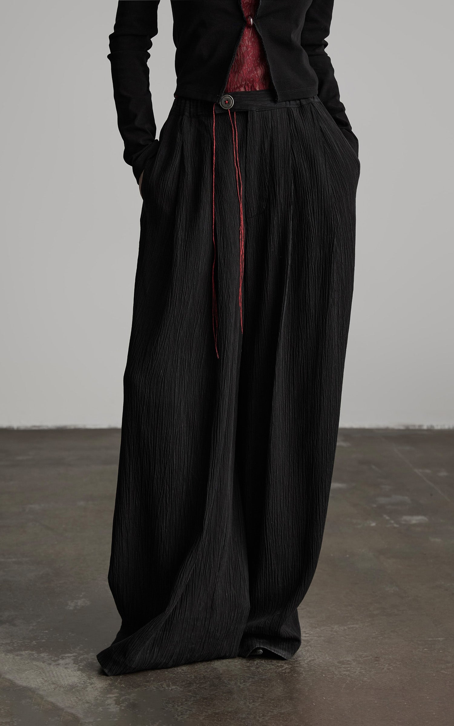 INDULGE Crinkled Wide Trousers with Red Thread