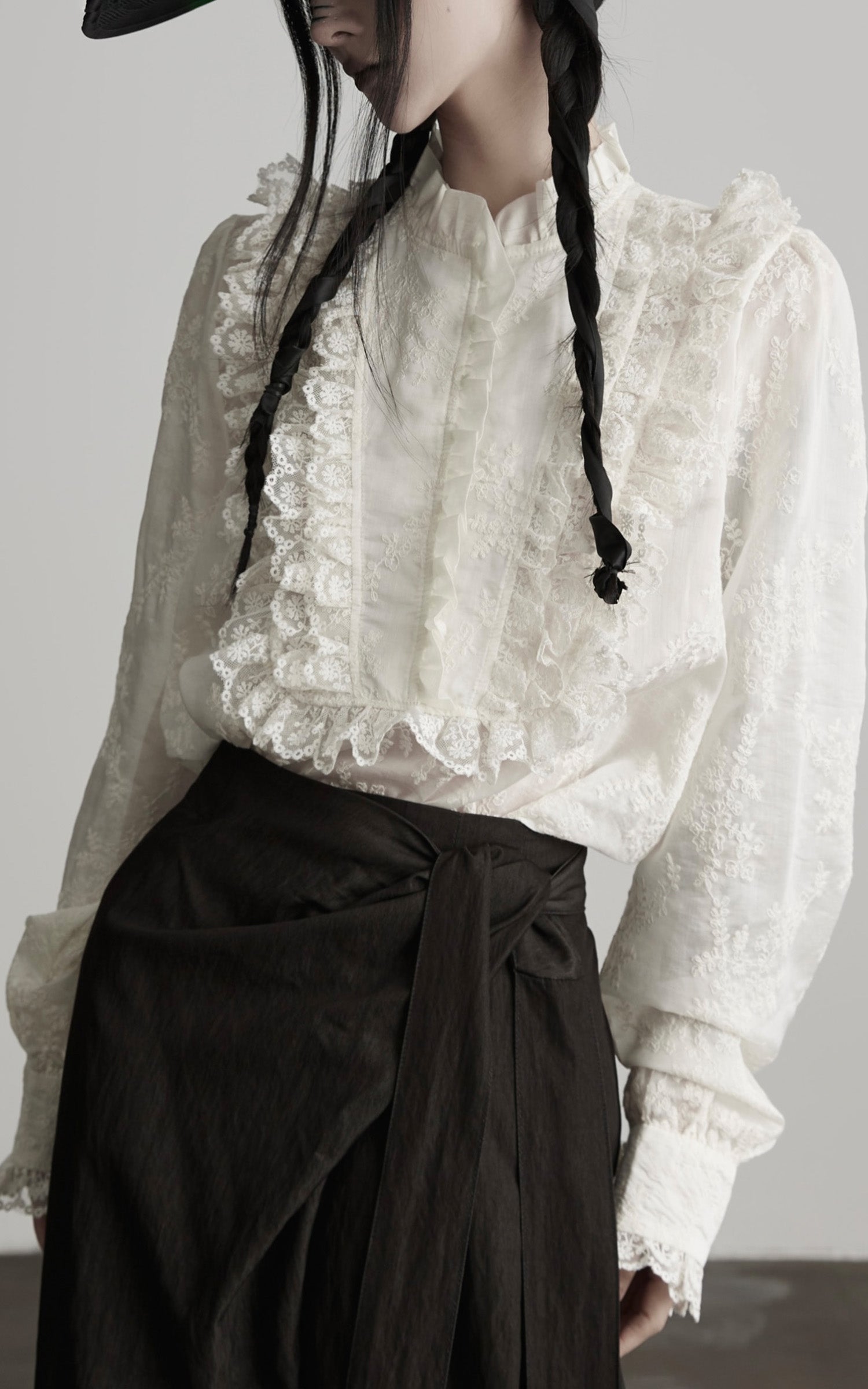 INDULGE Baroque Embroidered Blouse with Ruffled Lace Panels
