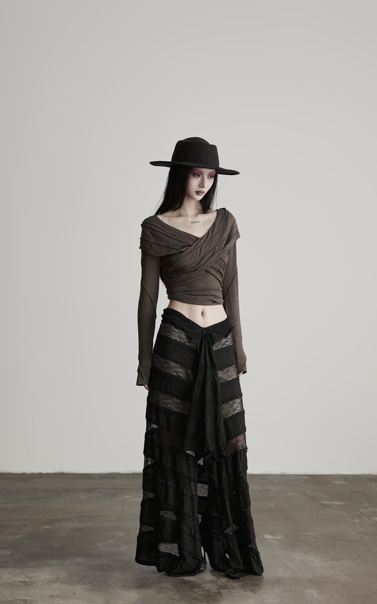 INDULGE Layered Sheer Drape Skirt with Lace Panels