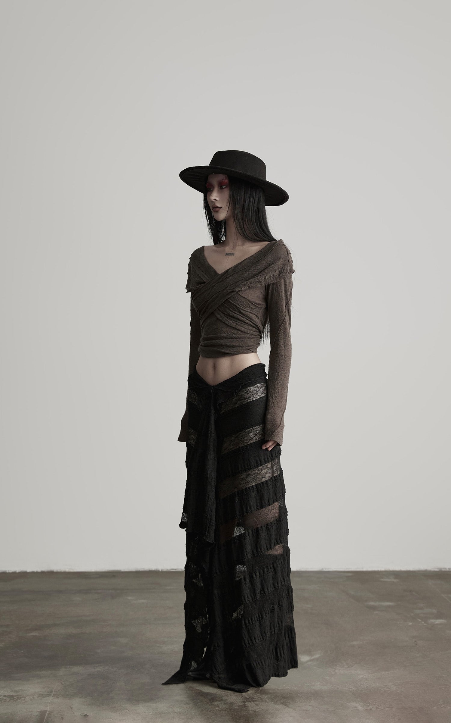 INDULGE Layered Sheer Drape Skirt with Lace Panels