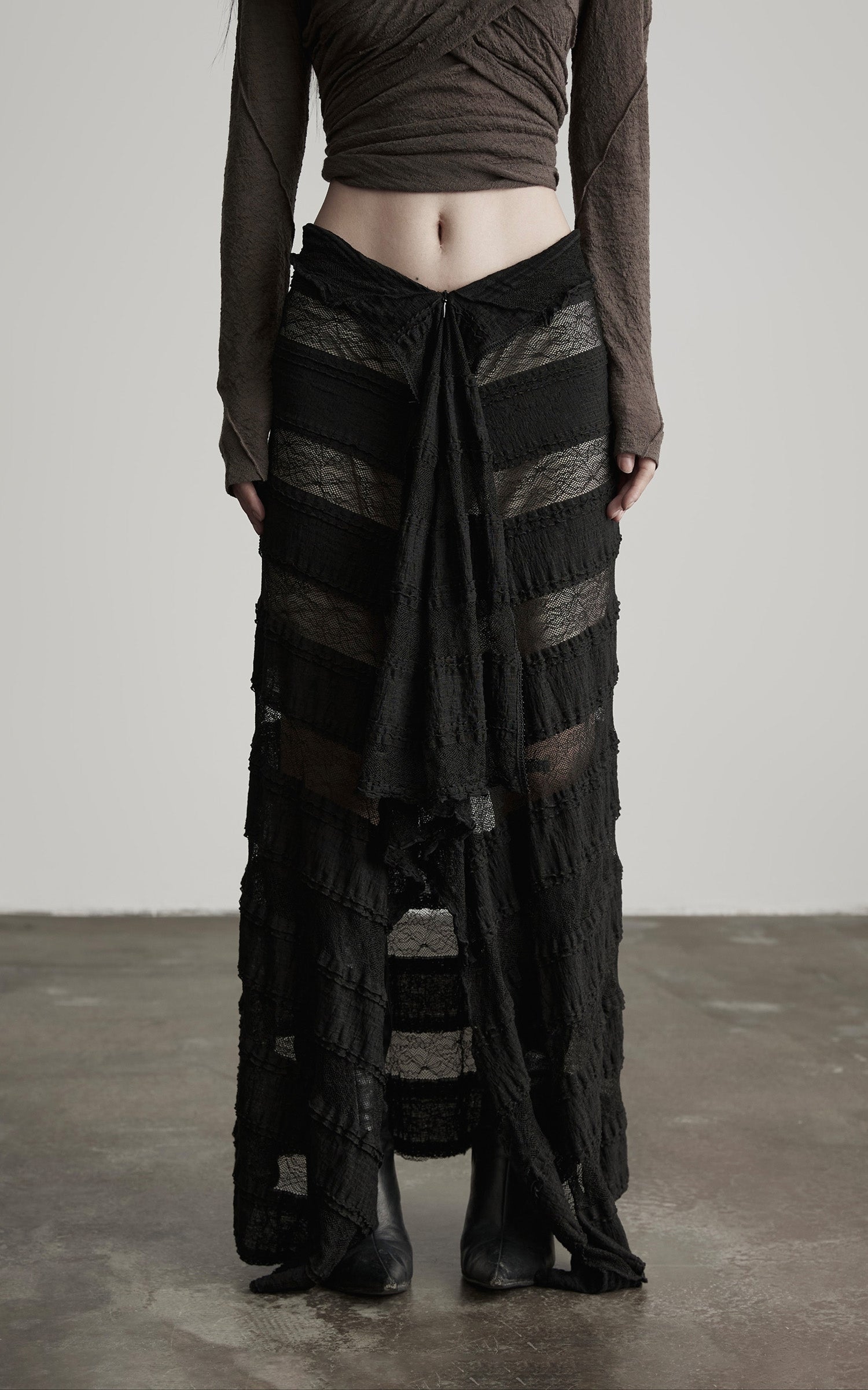 INDULGE Layered Sheer Drape Skirt with Lace Panels