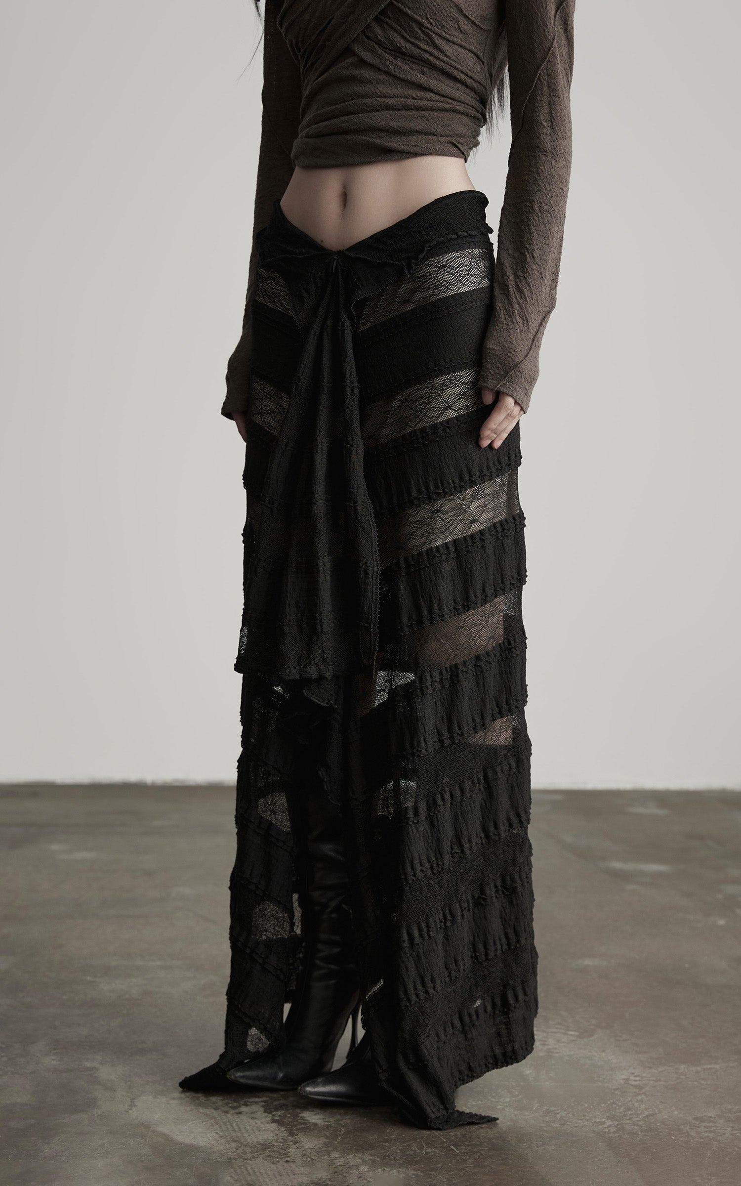 INDULGE Layered Sheer Drape Skirt with Lace Panels