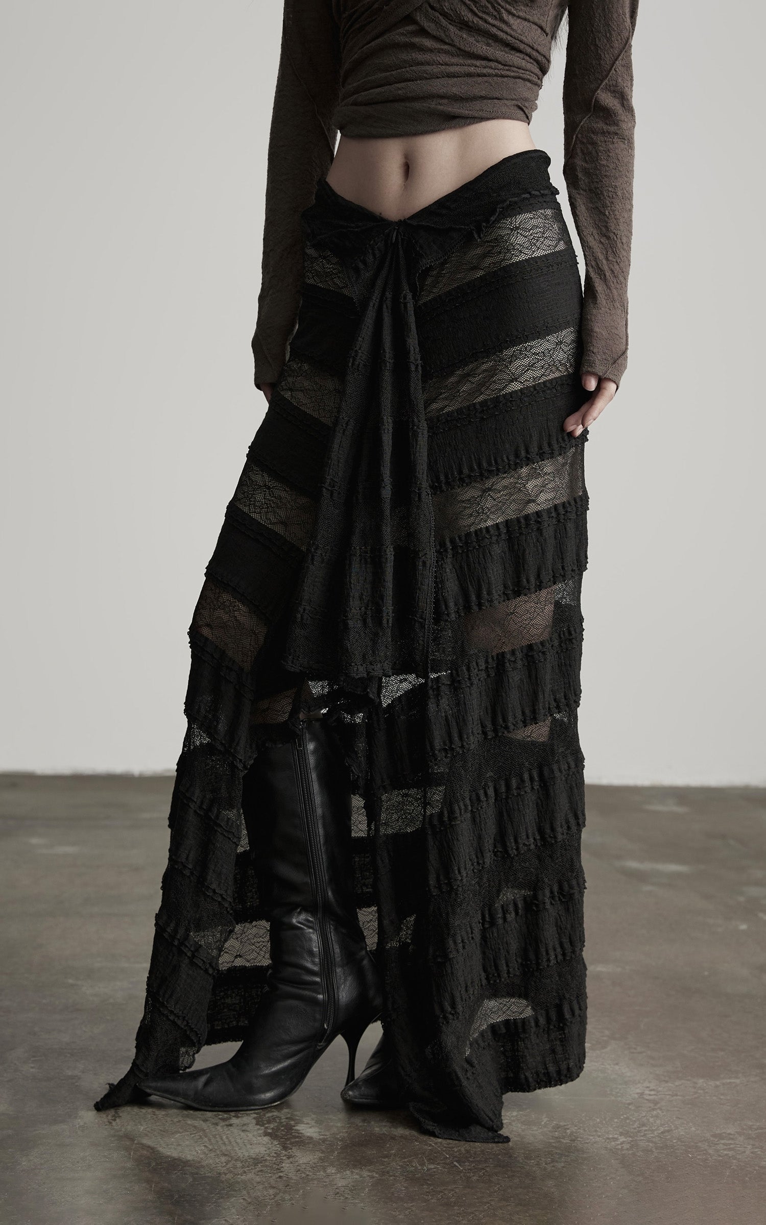 INDULGE Layered Sheer Drape Skirt with Lace Panels