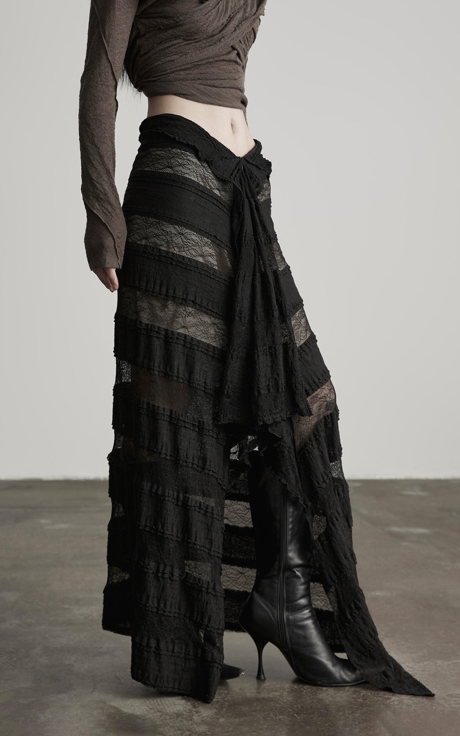 INDULGE Layered Sheer Drape Skirt with Lace Panels