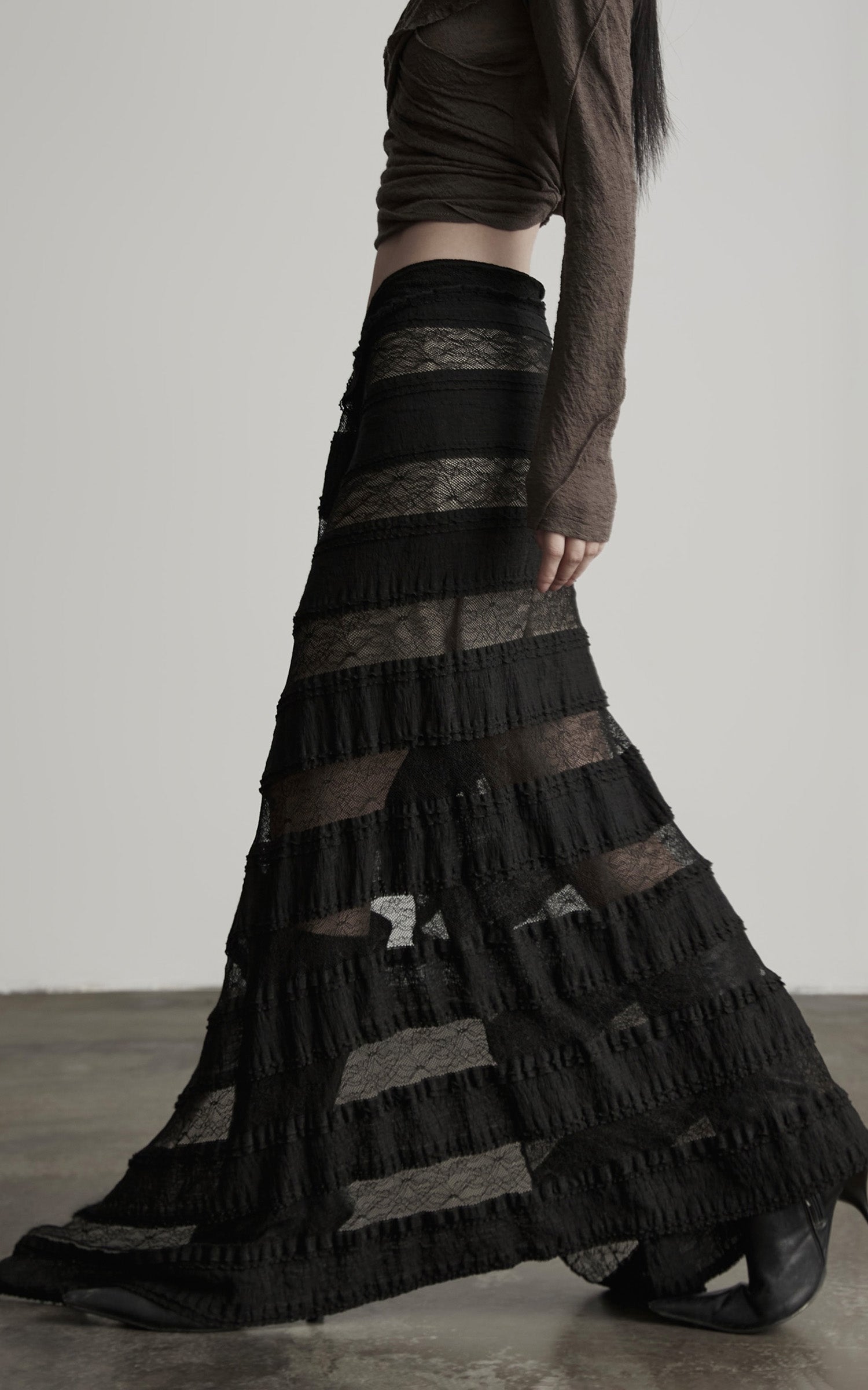 INDULGE Layered Sheer Drape Skirt with Lace Panels