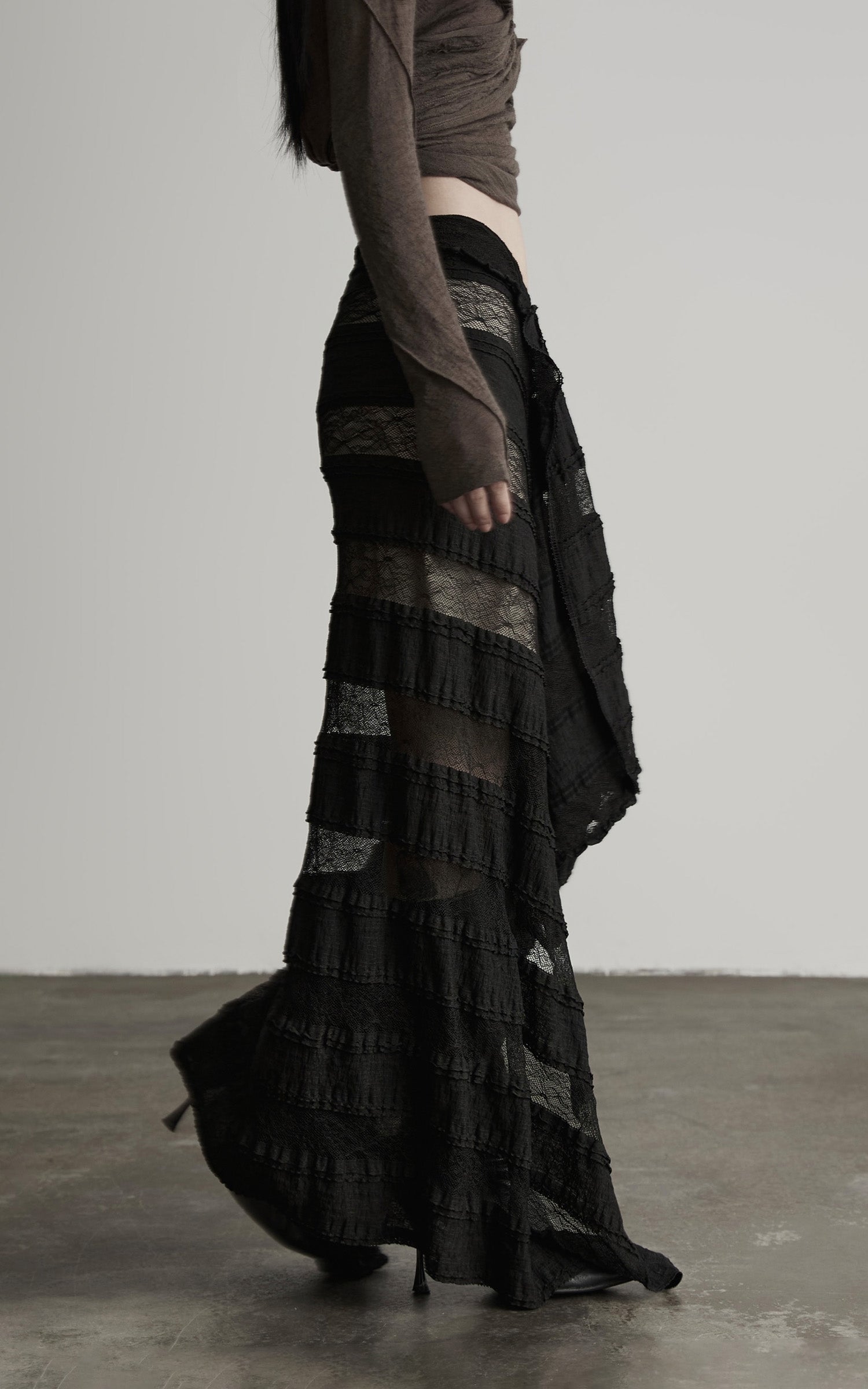 INDULGE Layered Sheer Drape Skirt with Lace Panels