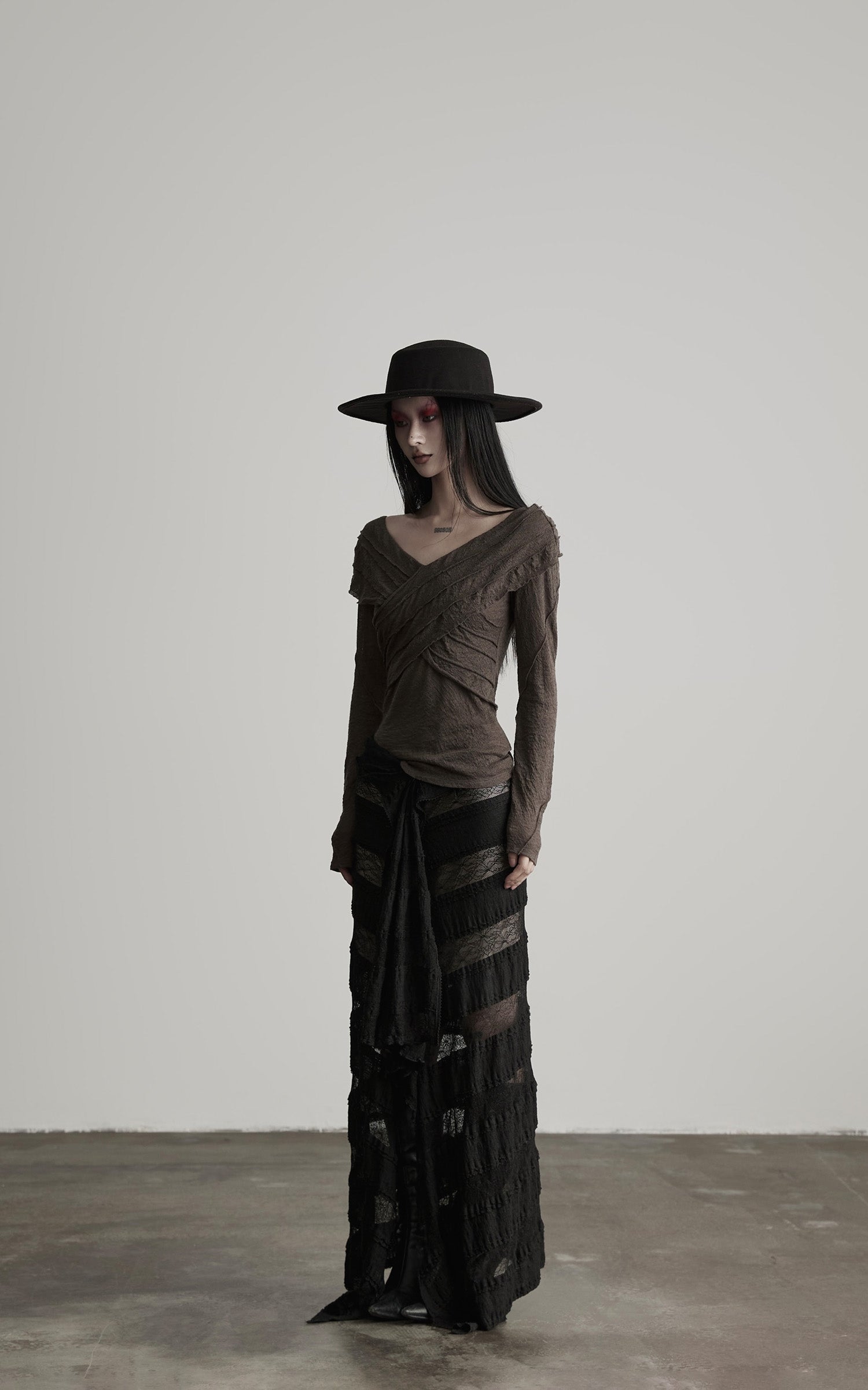 INDULGE Layered Sheer Drape Skirt with Lace Panels