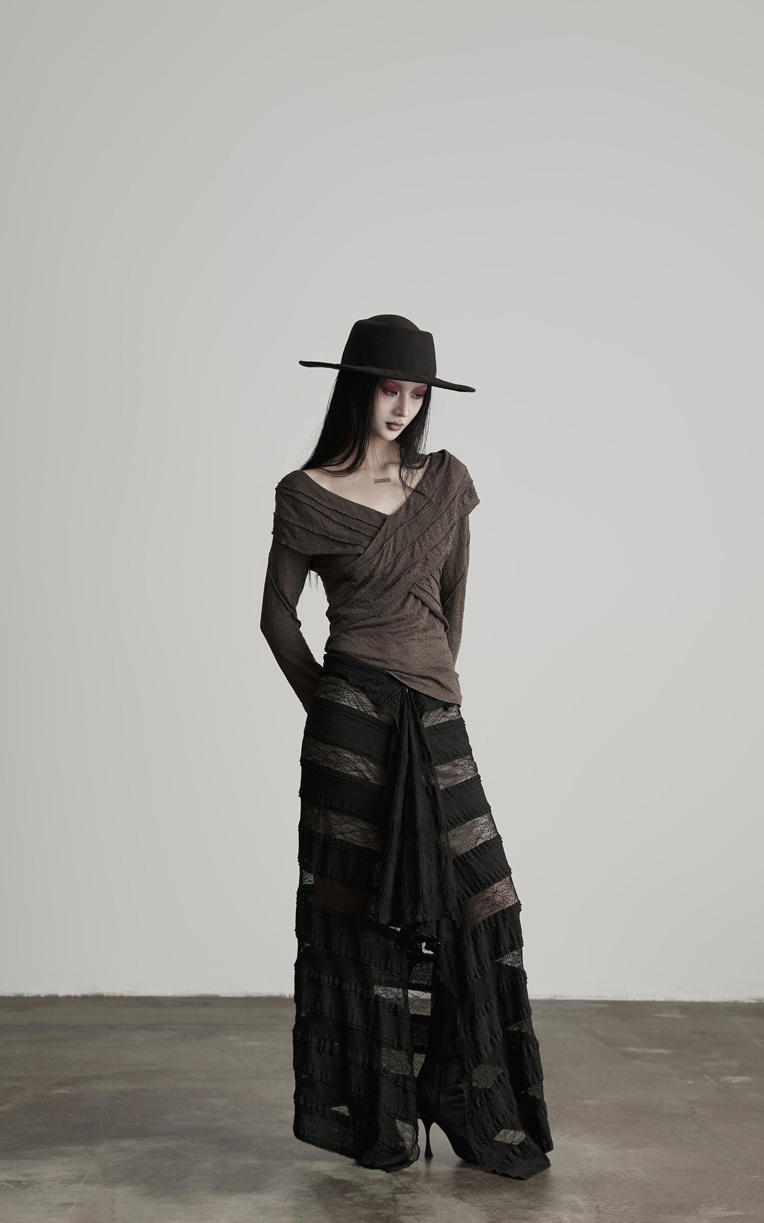 INDULGE Layered Sheer Drape Skirt with Lace Panels