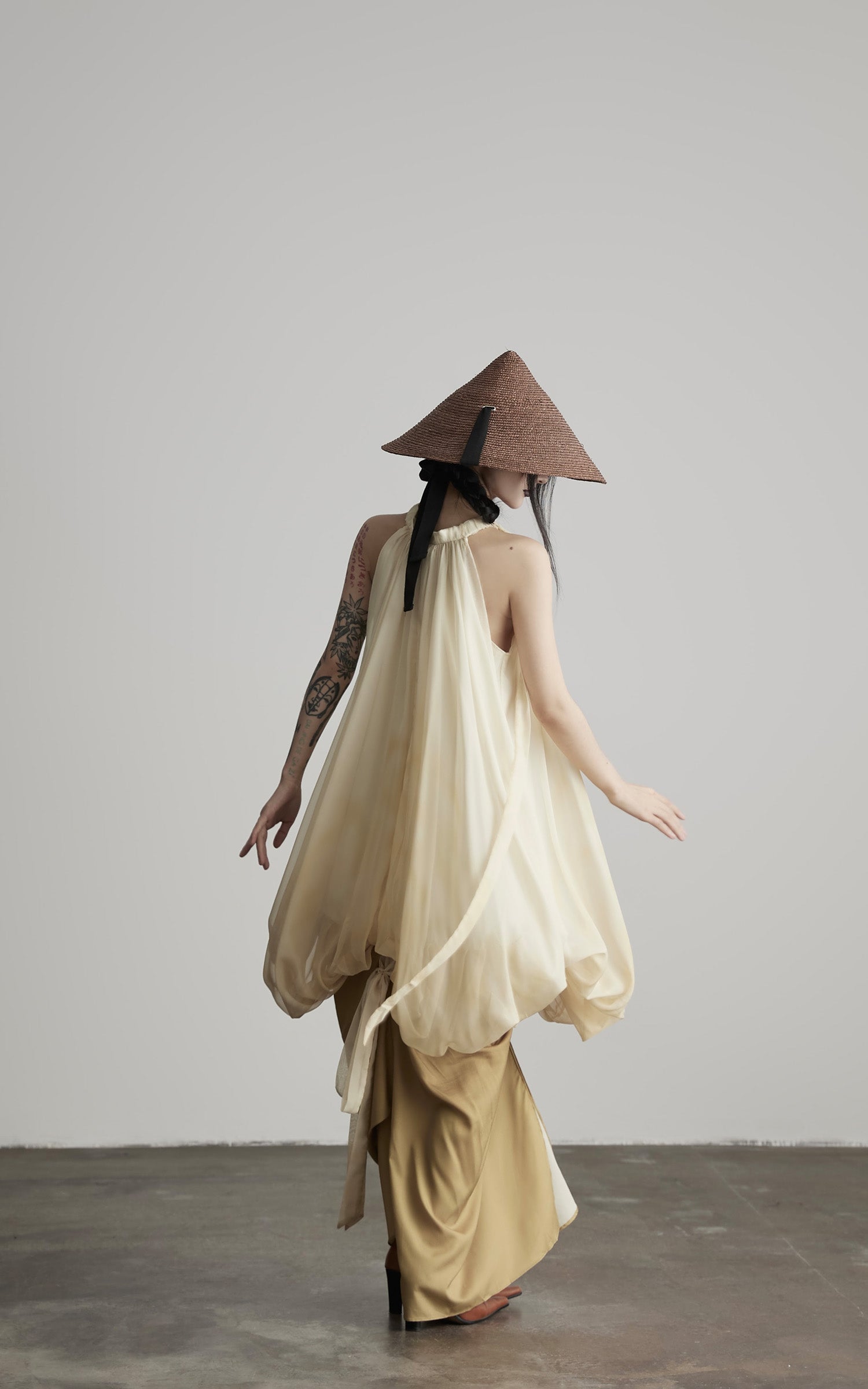 INDULGE Ethereal Draped Halter Dress with Voluminous Silk Layers