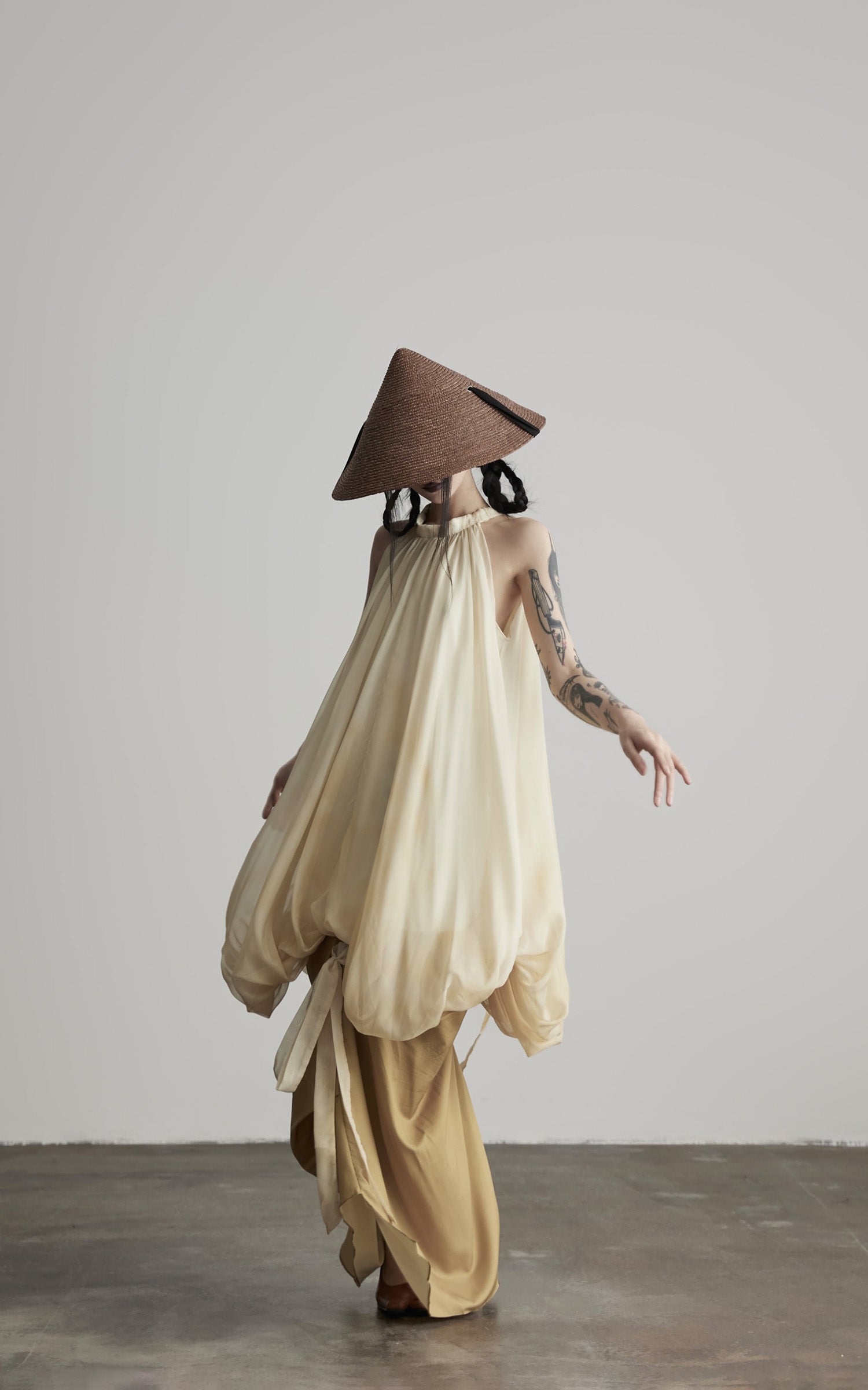INDULGE Ethereal Draped Halter Dress with Voluminous Silk Layers
